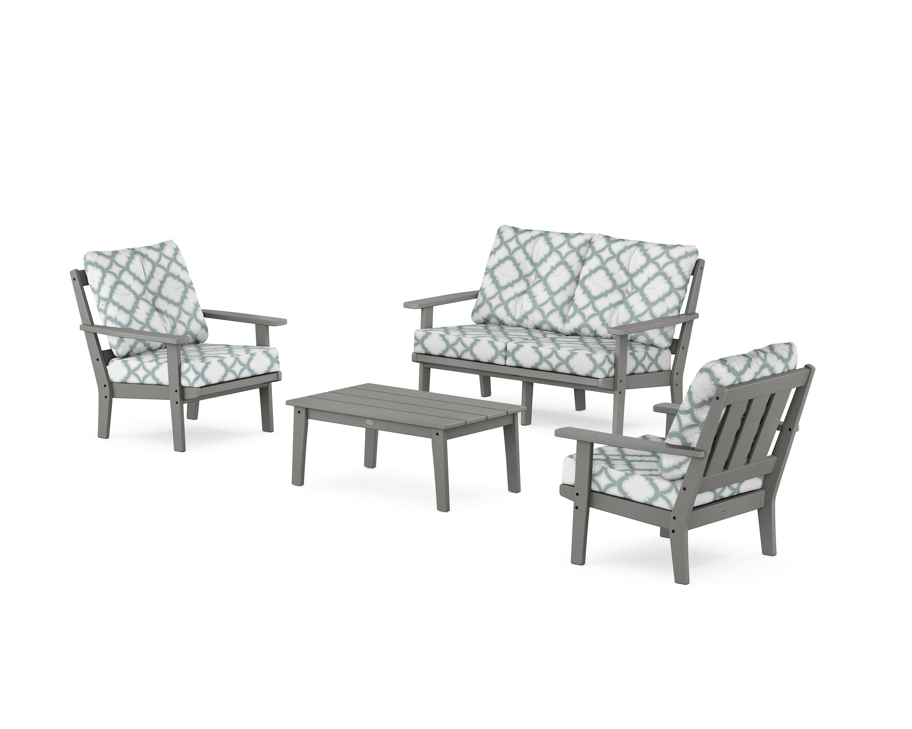 POLYWOOD® Oxford 4-Piece Deep Seating Set with Loveseat in Slate Grey / Trellis Glacier Spa