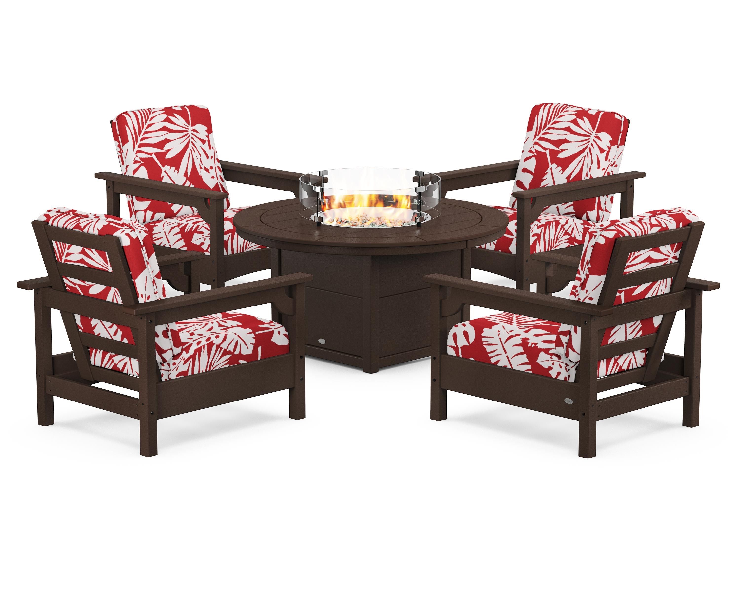 POLYWOOD® Club 5-Piece Conversation Set with Fire Pit Table in Mahogany / Leaf Crimson