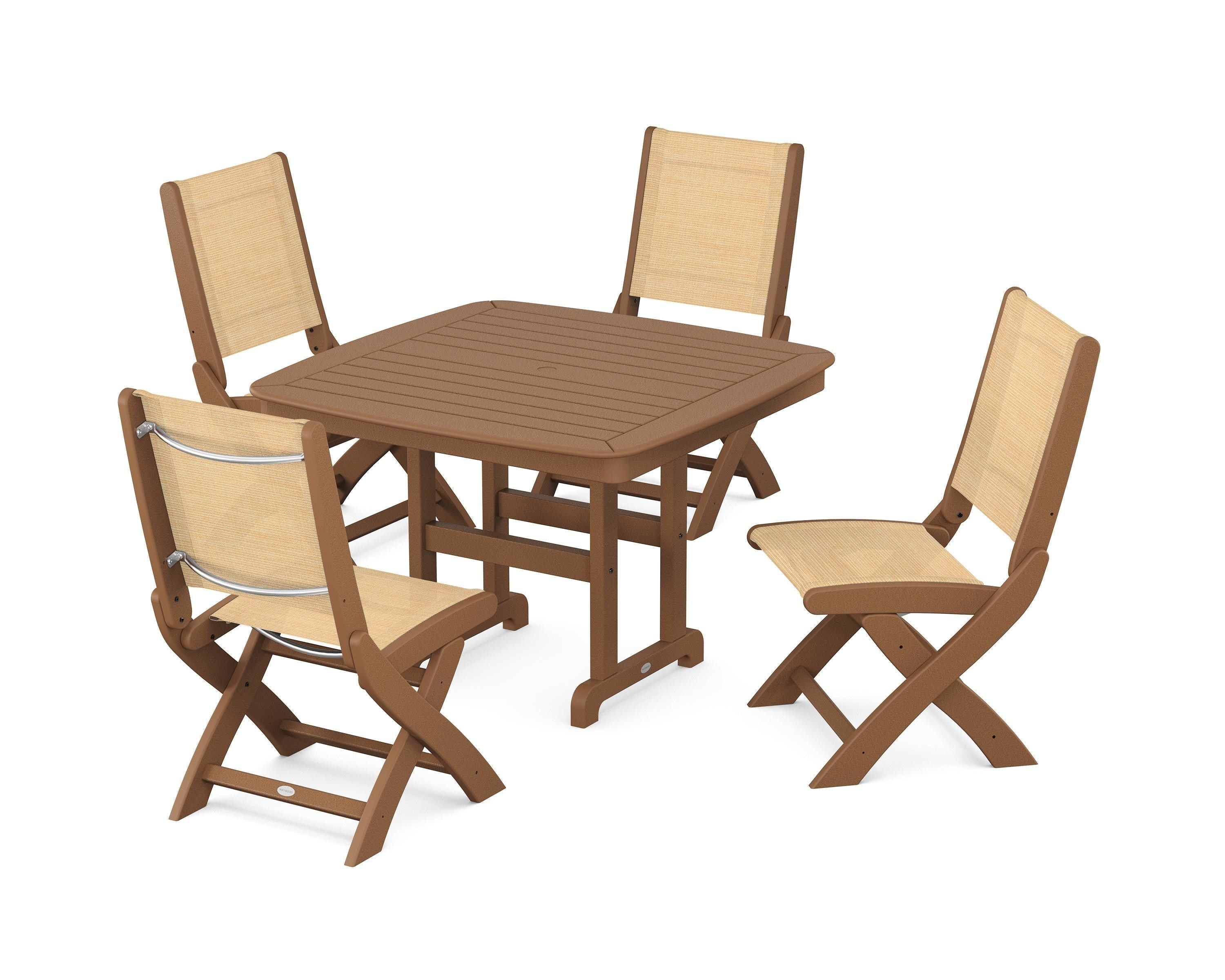 POLYWOOD® Coastal Folding Side Chair 5-Piece Dining Set in Teak / Dupioni Apricot Sling