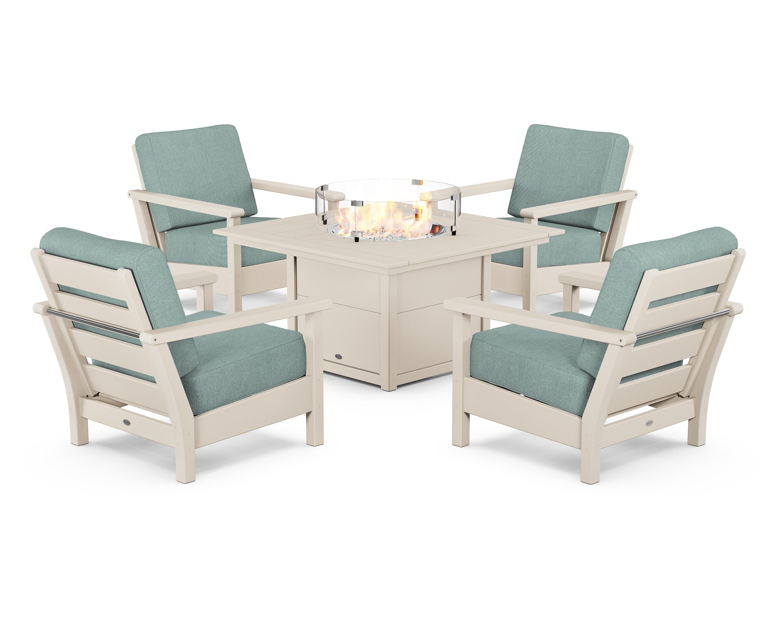 POLYWOOD® Harbour 5-Piece Conversation Set with Fire Pit Table in Sand / Glacier Spa