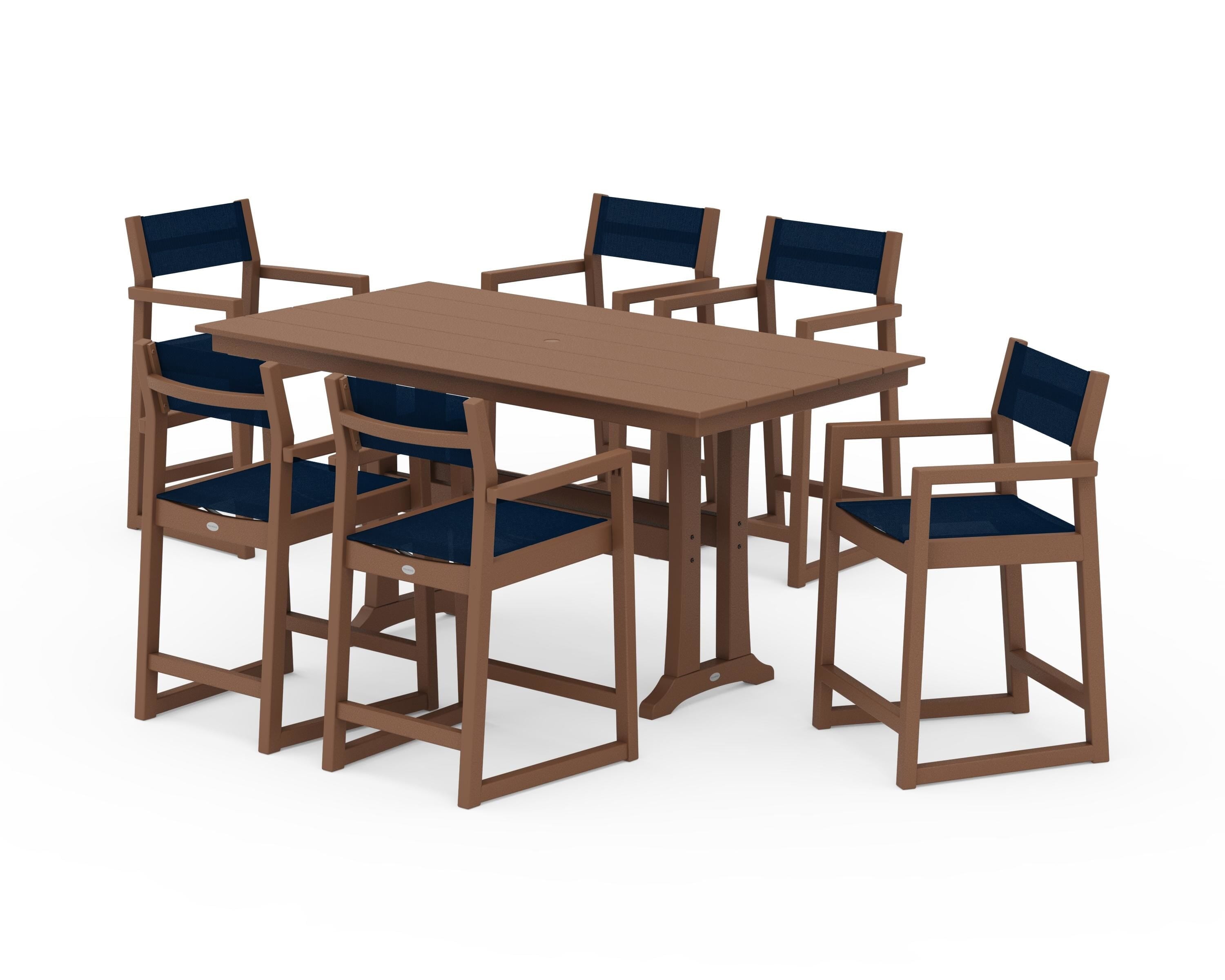 POLYWOOD® EDGE Sling Arm Chair 7-Piece Farmhouse Counter Set with Trestle Legs in Teak / Navy Blue Sling