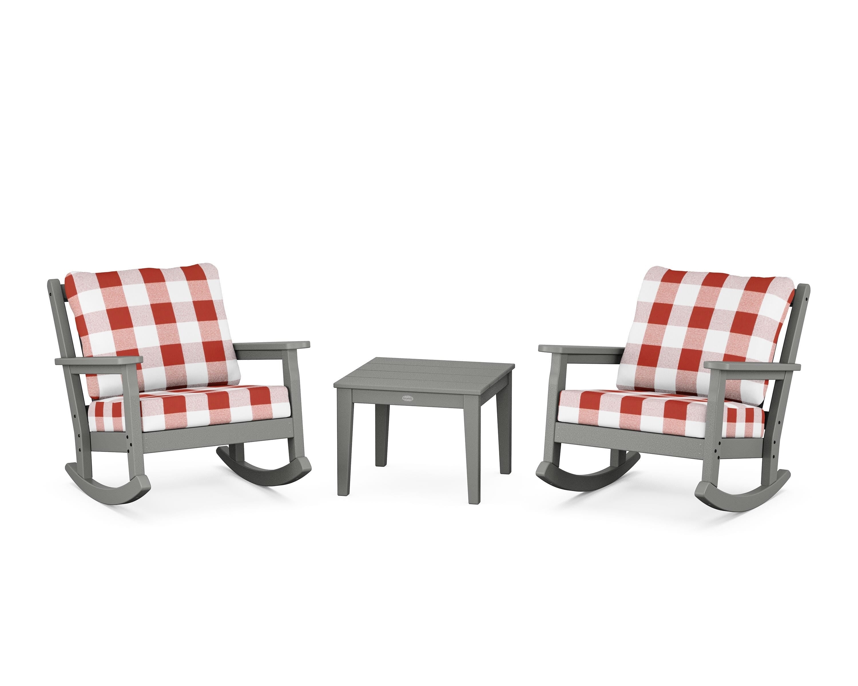 POLYWOOD® Chippendale 3-Piece Deep Seating Rocker Set in Slate Grey / Buffalo Plaid Crimson
