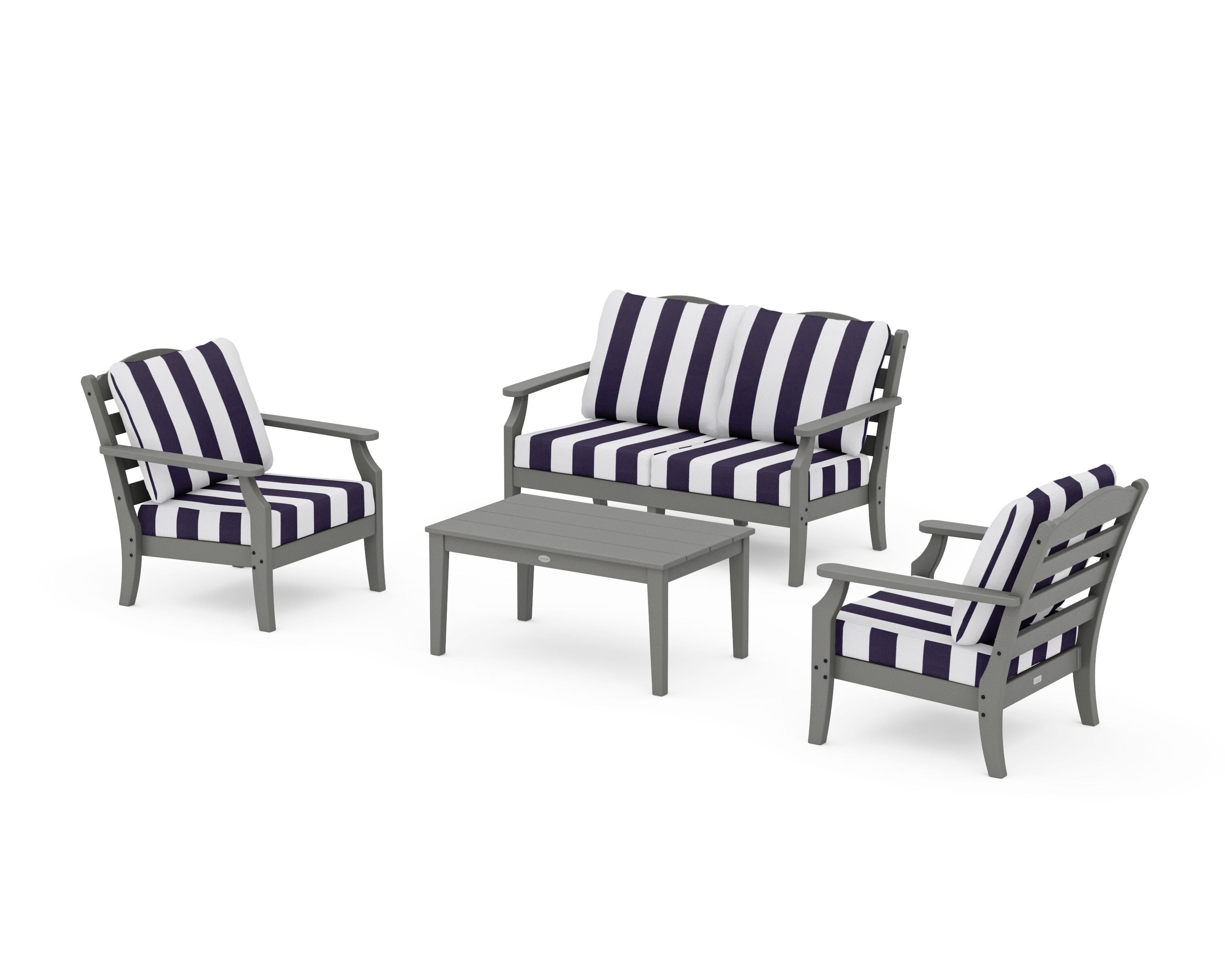 Draper James™ by POLYWOOD® Savannah 4-Piece Deep Seating Set with Loveseat in Slate Grey / Cabana Stripe Navy