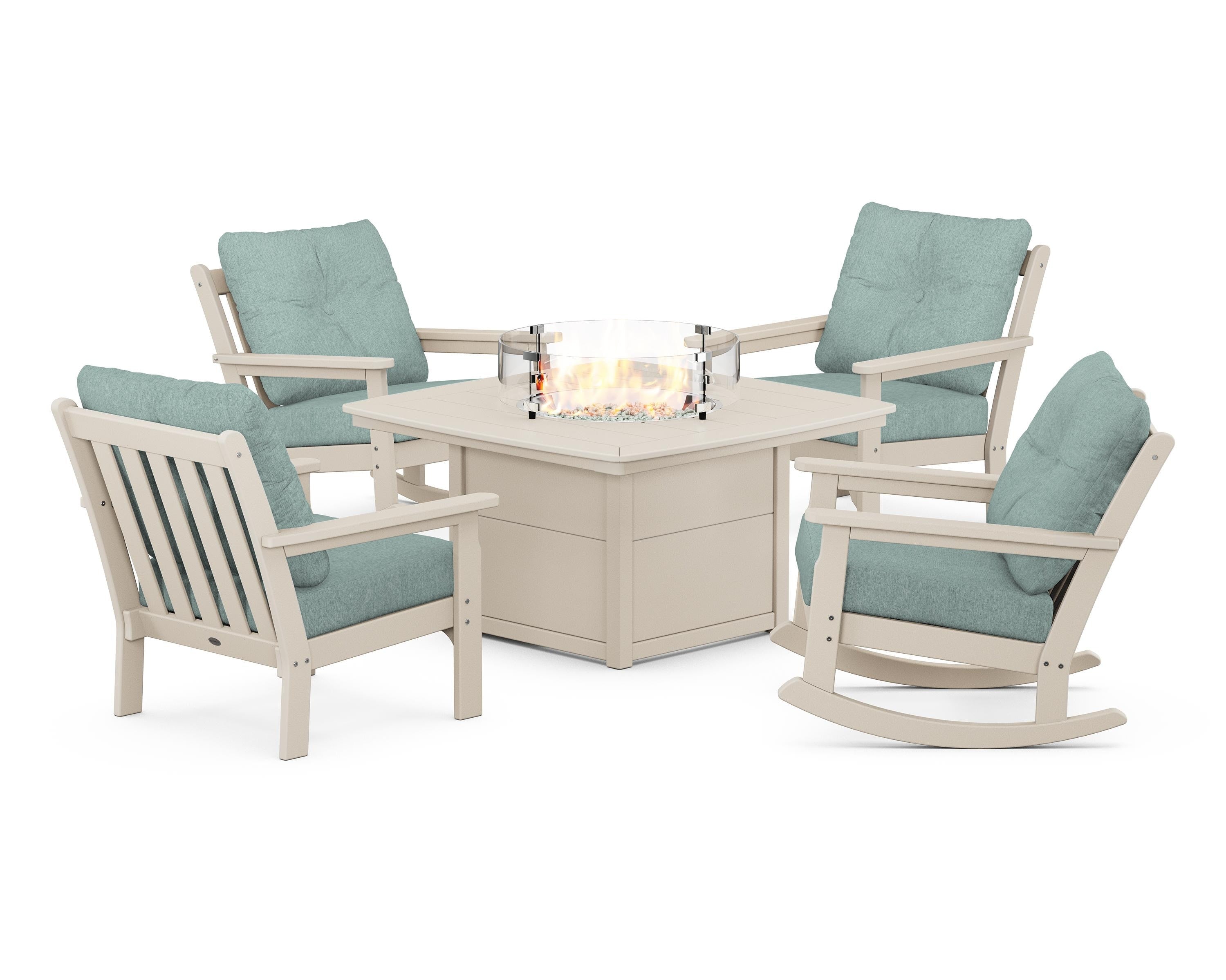 POLYWOOD® Vineyard 5-Piece Deep Seating Rocking Chair Conversation Set with Fire Pit Table in Sand / Glacier Spa