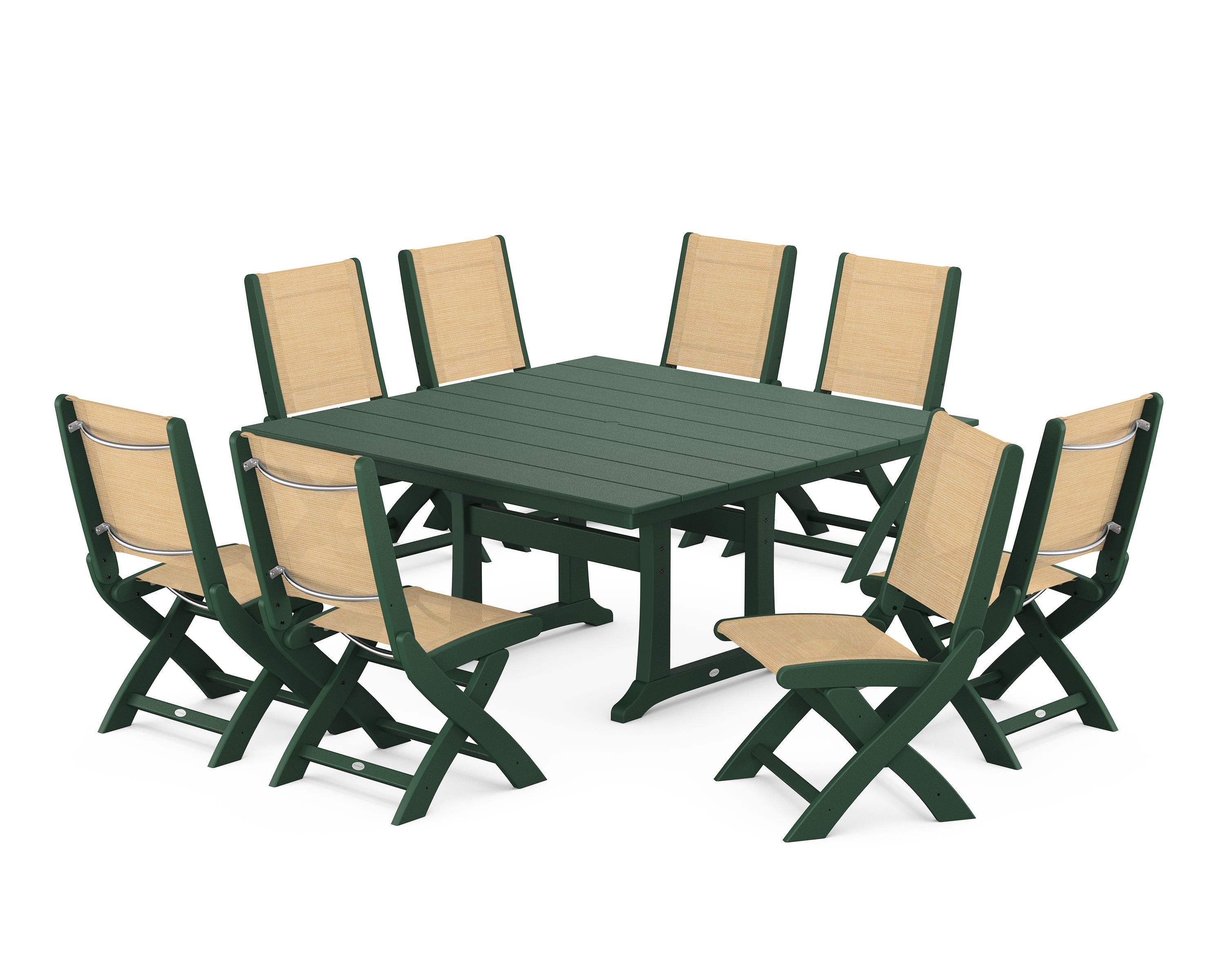 POLYWOOD® Coastal Folding Side Chair 9-Piece Farmhouse Dining Set in Green / Dupioni Apricot Sling