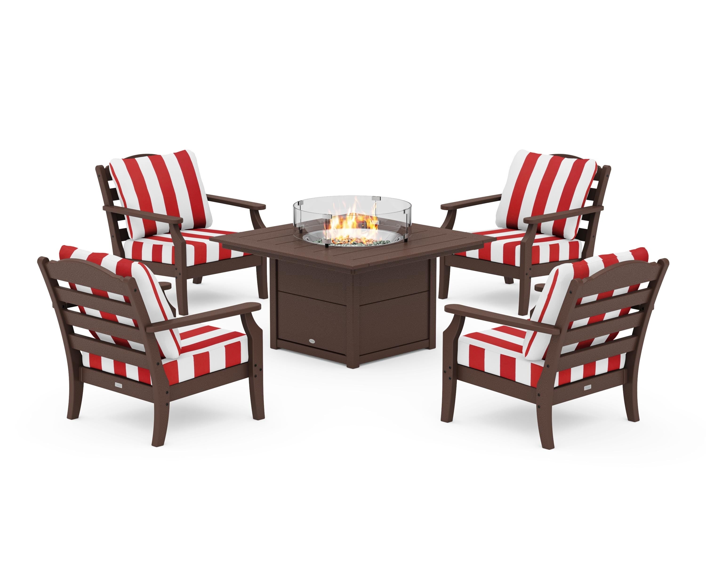 Draper James™ by POLYWOOD® Savannah 5-Piece Deep Seating Set with Fire Pit Table in Mahogany / Cabana Stripe Crimson