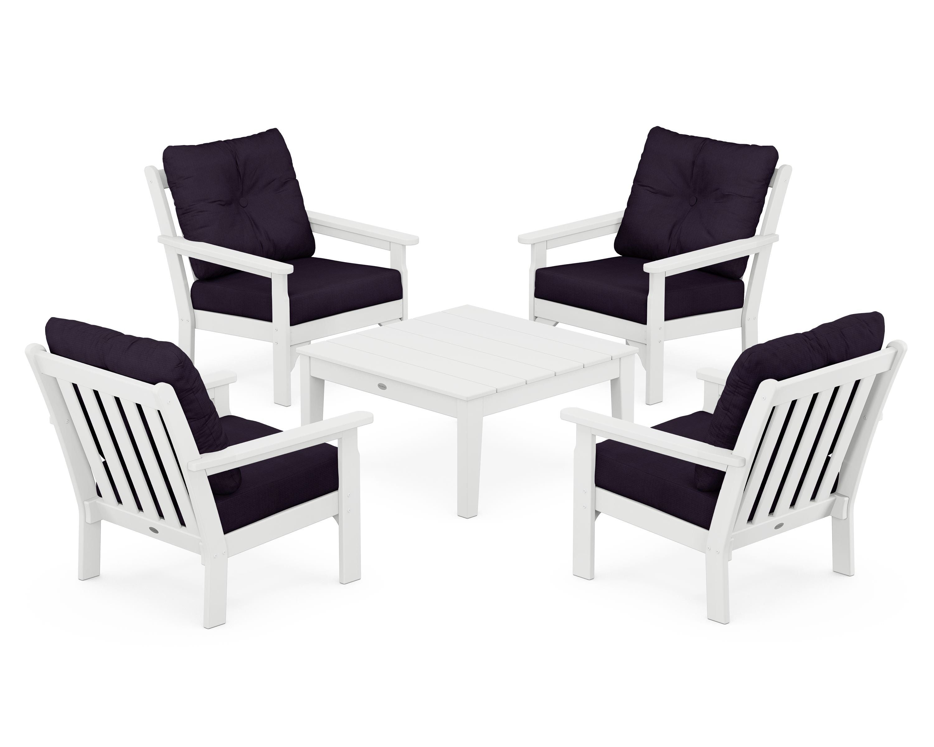 POLYWOOD® Vineyard 5-Piece Deep Seating Conversation Set in White / Navy Linen