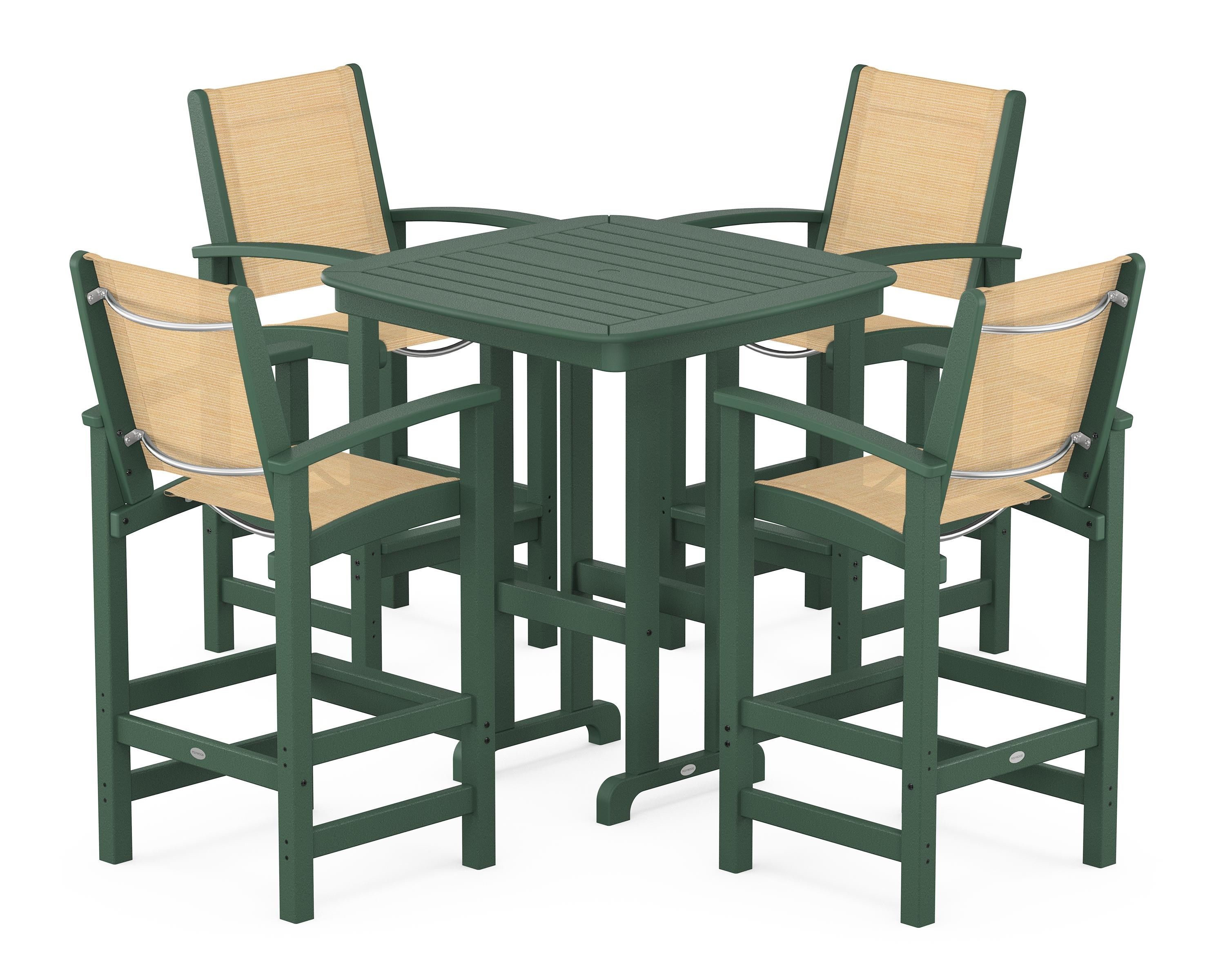 POLYWOOD® Coastal 5-Piece Bar Set in Green / Dupioni Apricot Sling