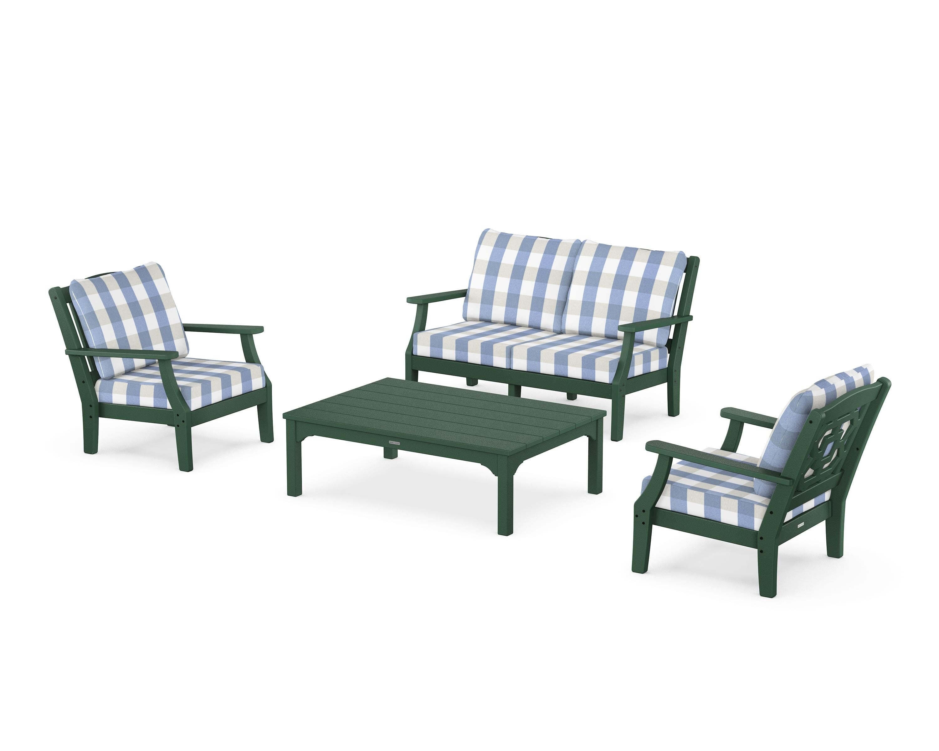 Martha Stewart by POLYWOOD® Chinoiserie 4-Piece Deep Seating Set with Loveseat in Green / Buffalo Plaid Sky Blue
