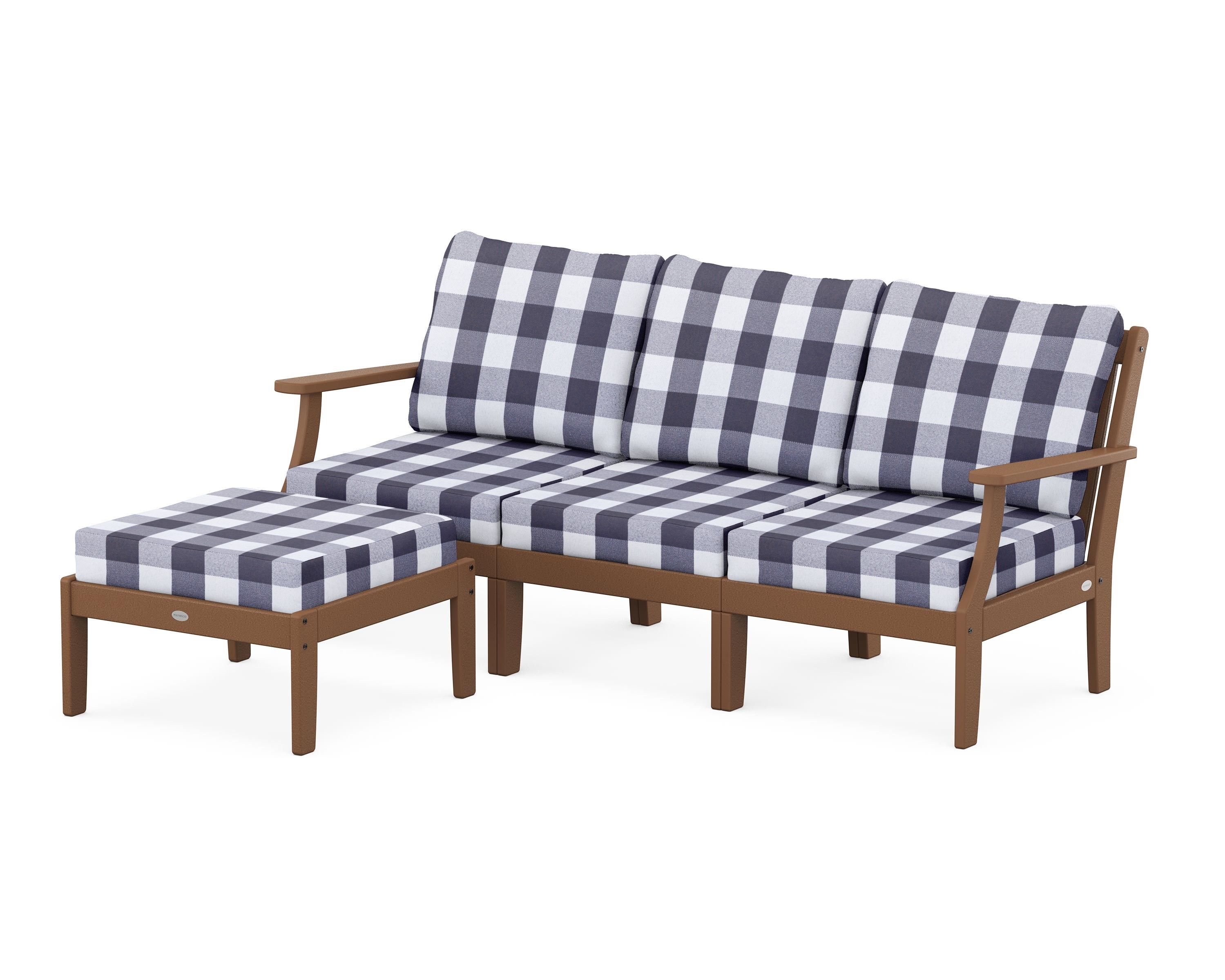 POLYWOOD® Braxton Modular 4-Piece Deep Seating Set with Ottoman in Teak / Buffalo Plaid Navy
