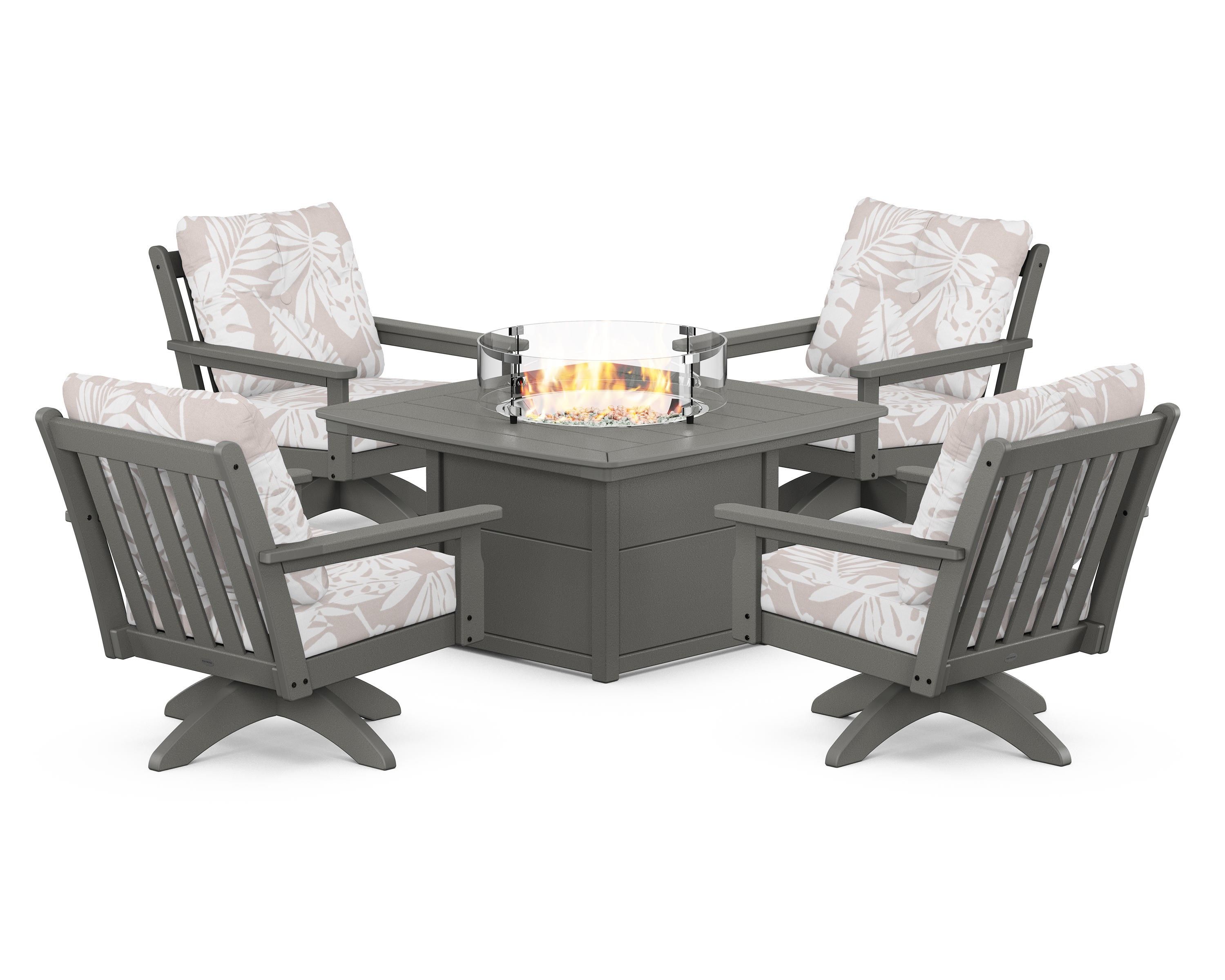 POLYWOOD® Vineyard 5-Piece Deep Seating Swivel Conversation Set with Fire Pit Table in Slate Grey / Leaf Dune Burlap