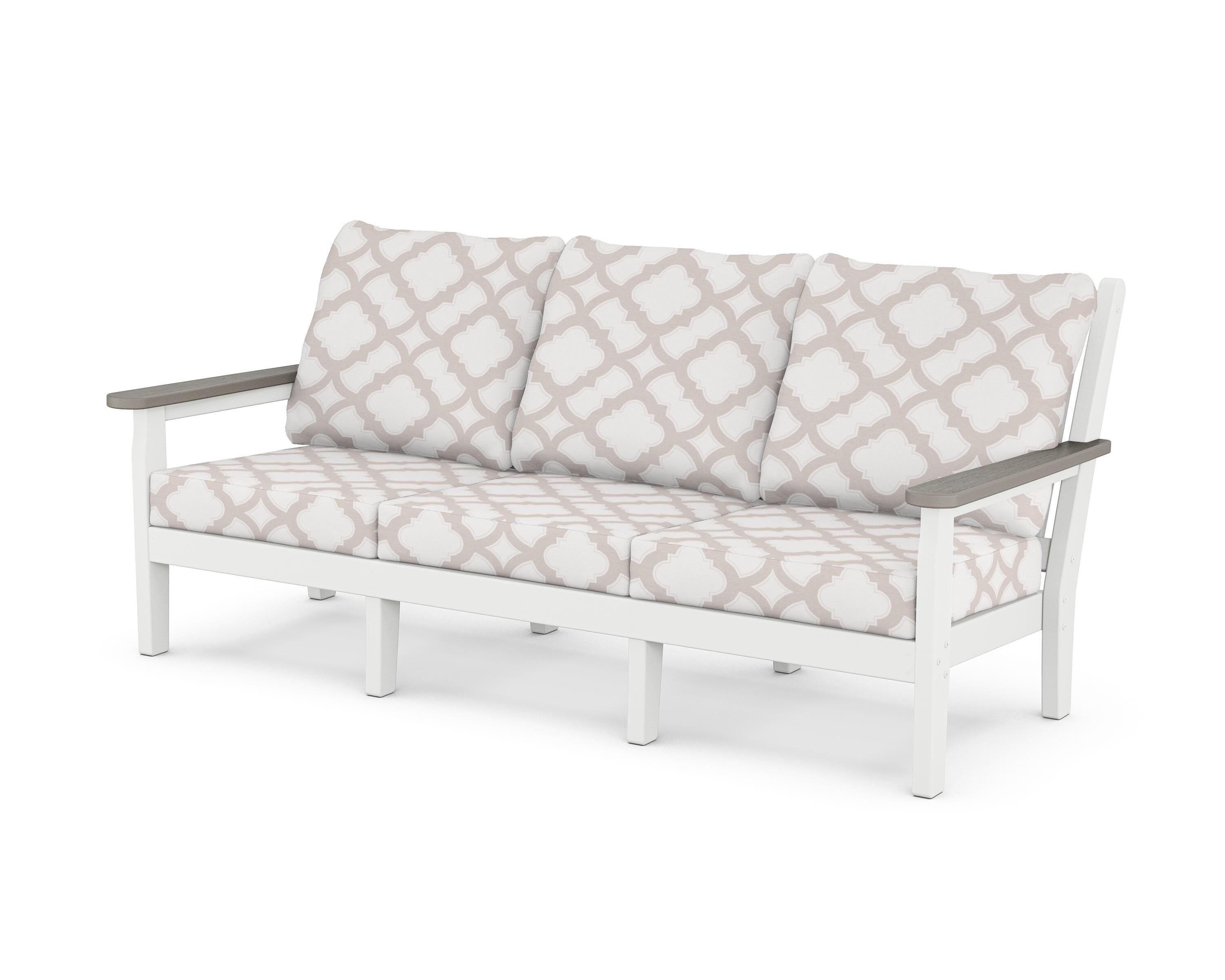 POLYWOOD® Chippendale Deep Seating Sofa in White / Driftwood / Trellis Dune Burlap
