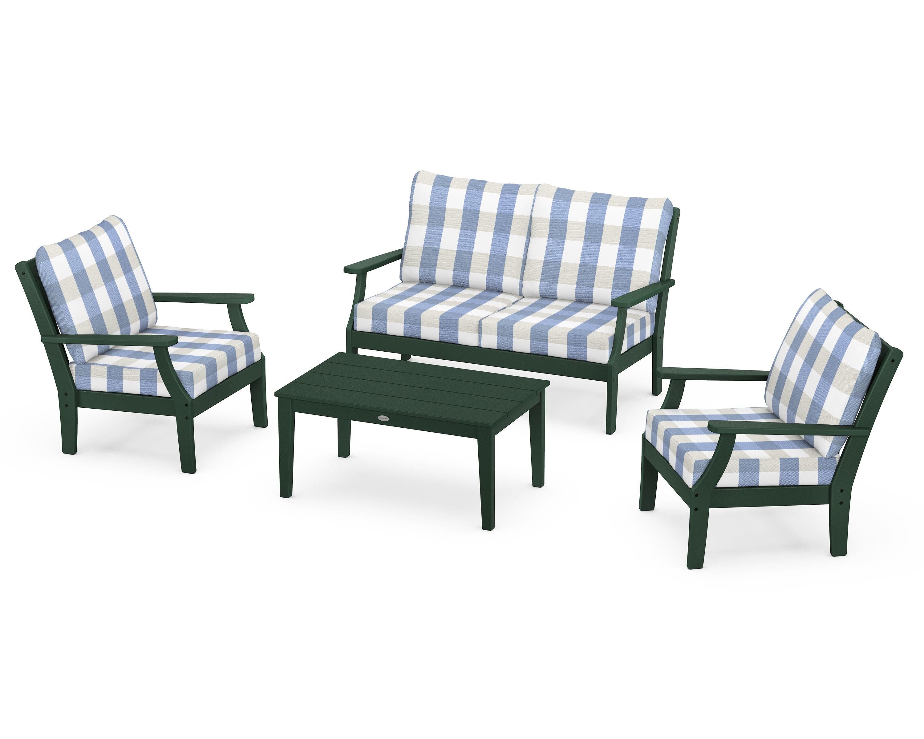 POLYWOOD® Braxton 4-Piece Deep Seating Chair Set in Green / Buffalo Plaid Sky Blue