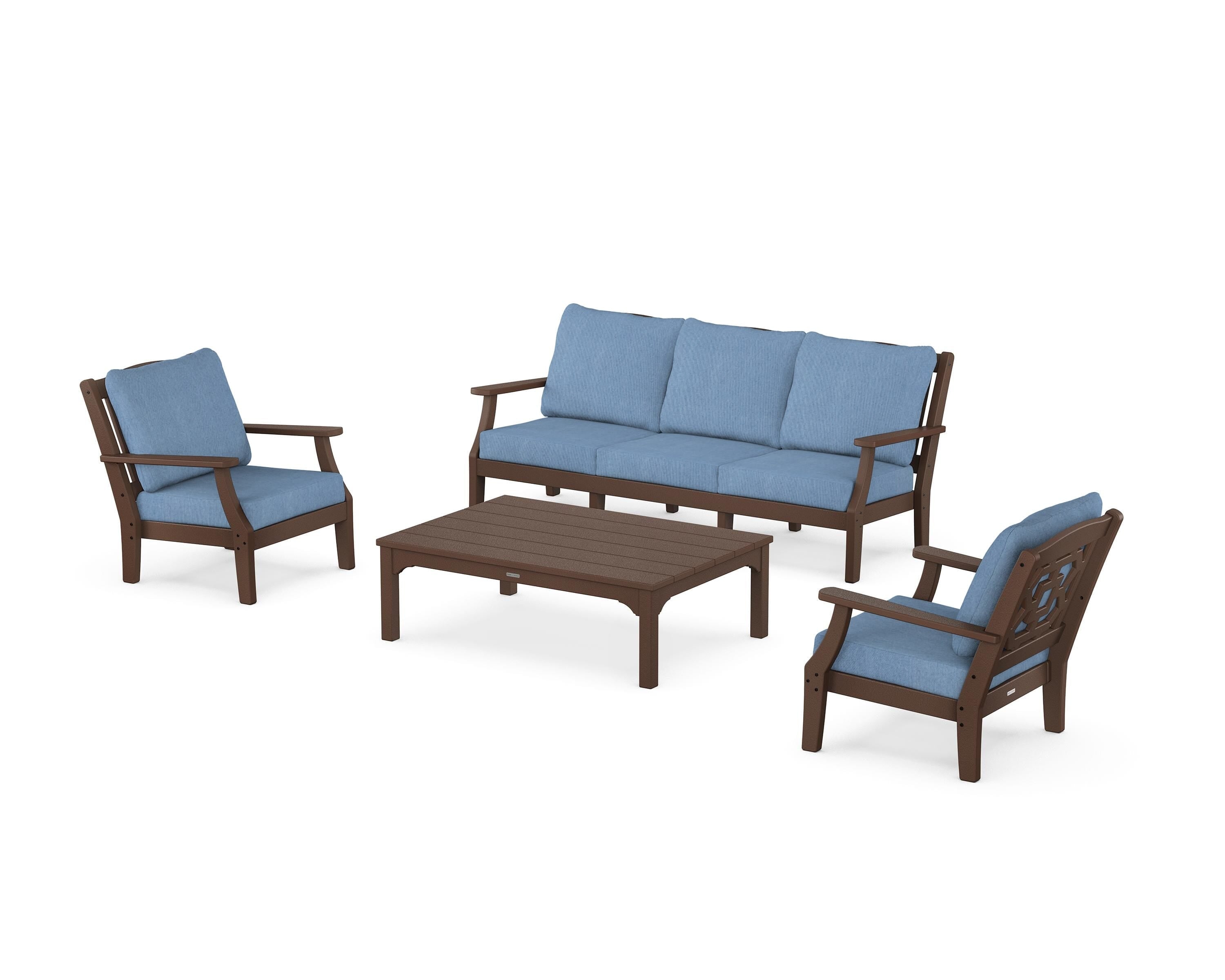 Martha Stewart by POLYWOOD® Chinoiserie 4-Piece Deep Seating Set with Sofa in Mahogany / Sky Blue