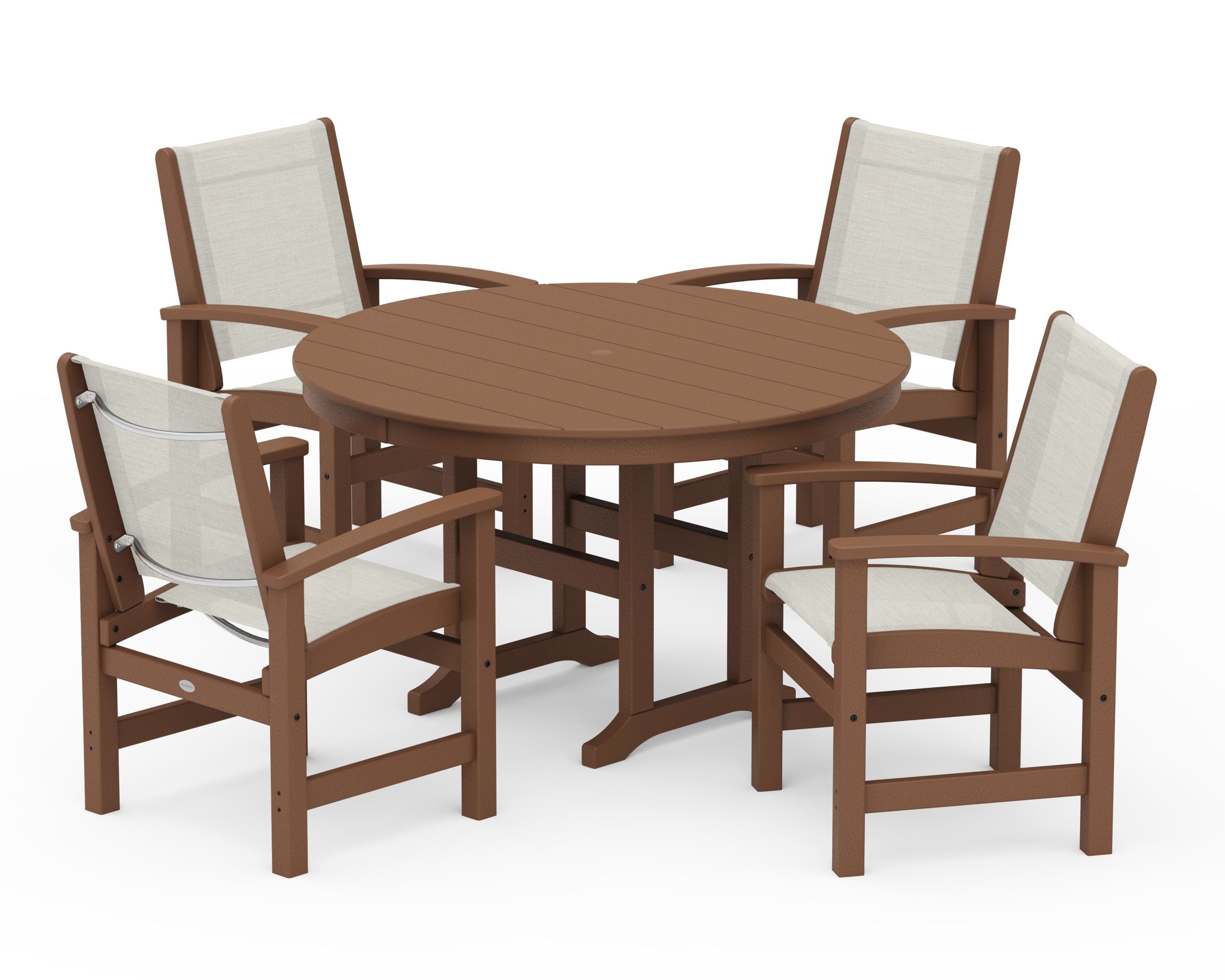 POLYWOOD® Coastal 5-Piece Round Farmhouse Dining Set in Teak / Parchment Sling