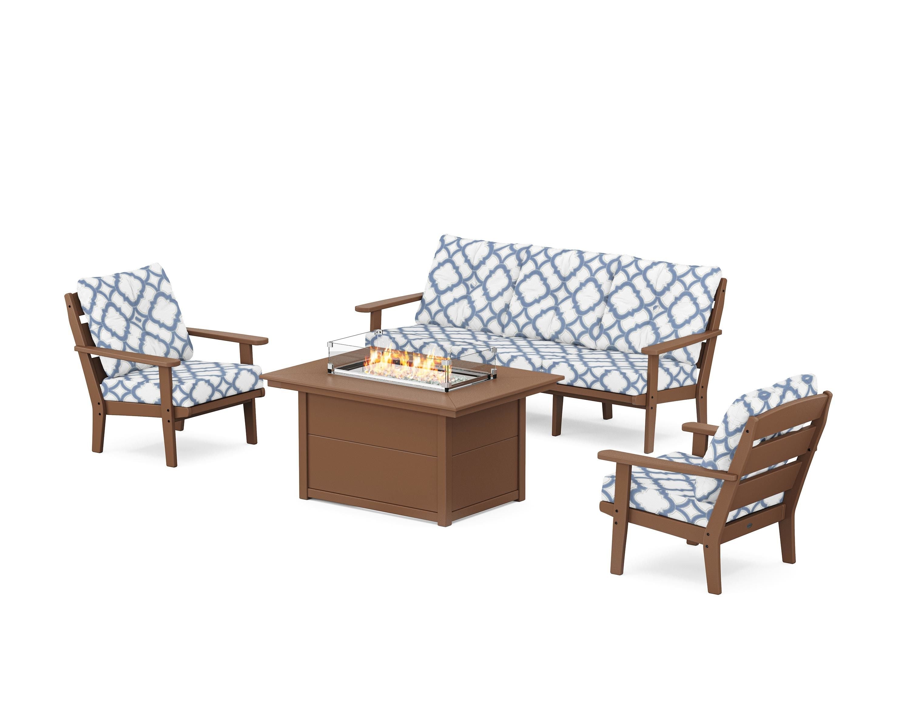 POLYWOOD® Lakeside Deep Seating Fire Pit Table Set in Teak / Trellis Sky Blue