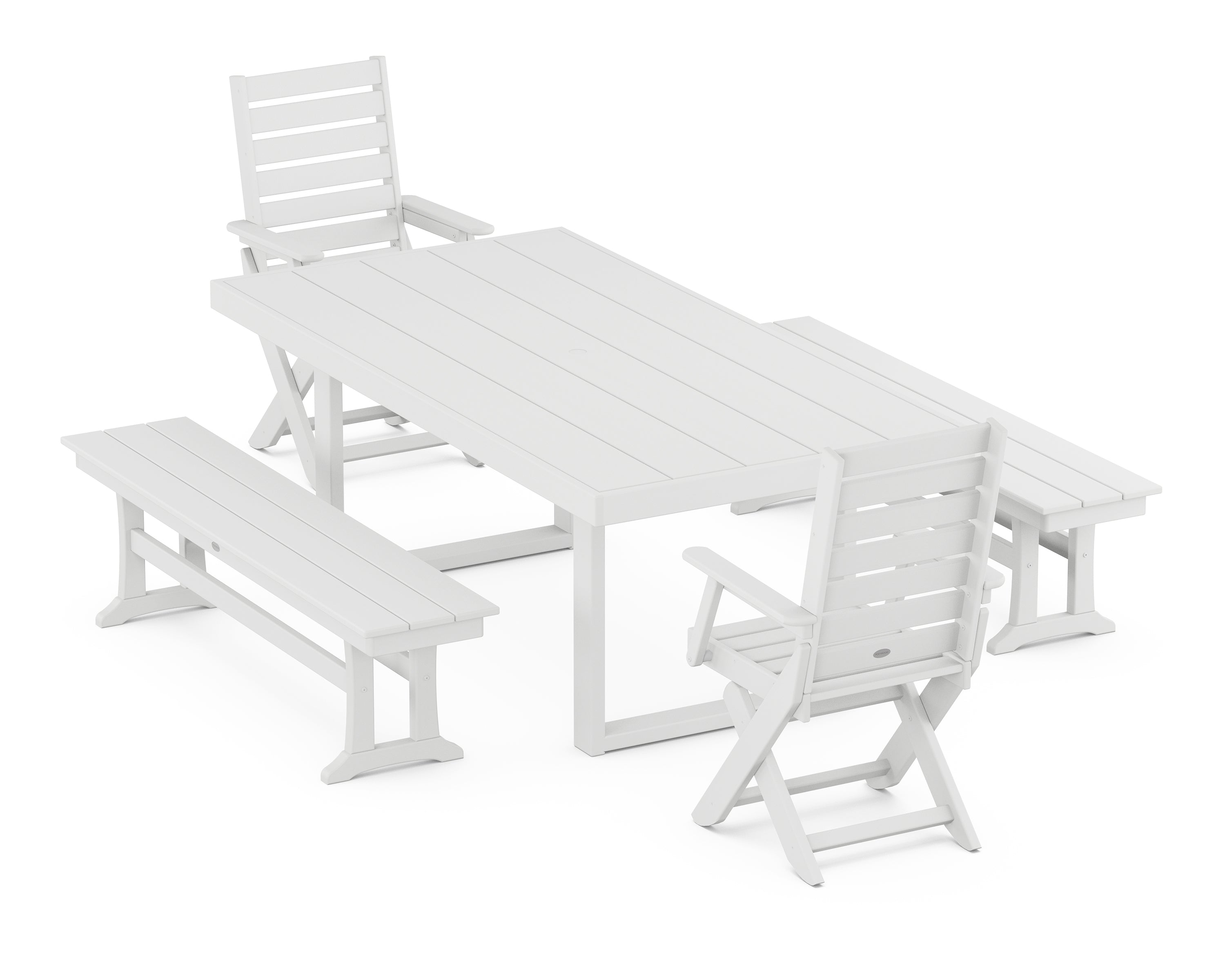 POLYWOOD® Captain Folding Chair 5-Piece Dining Set with Benches in White