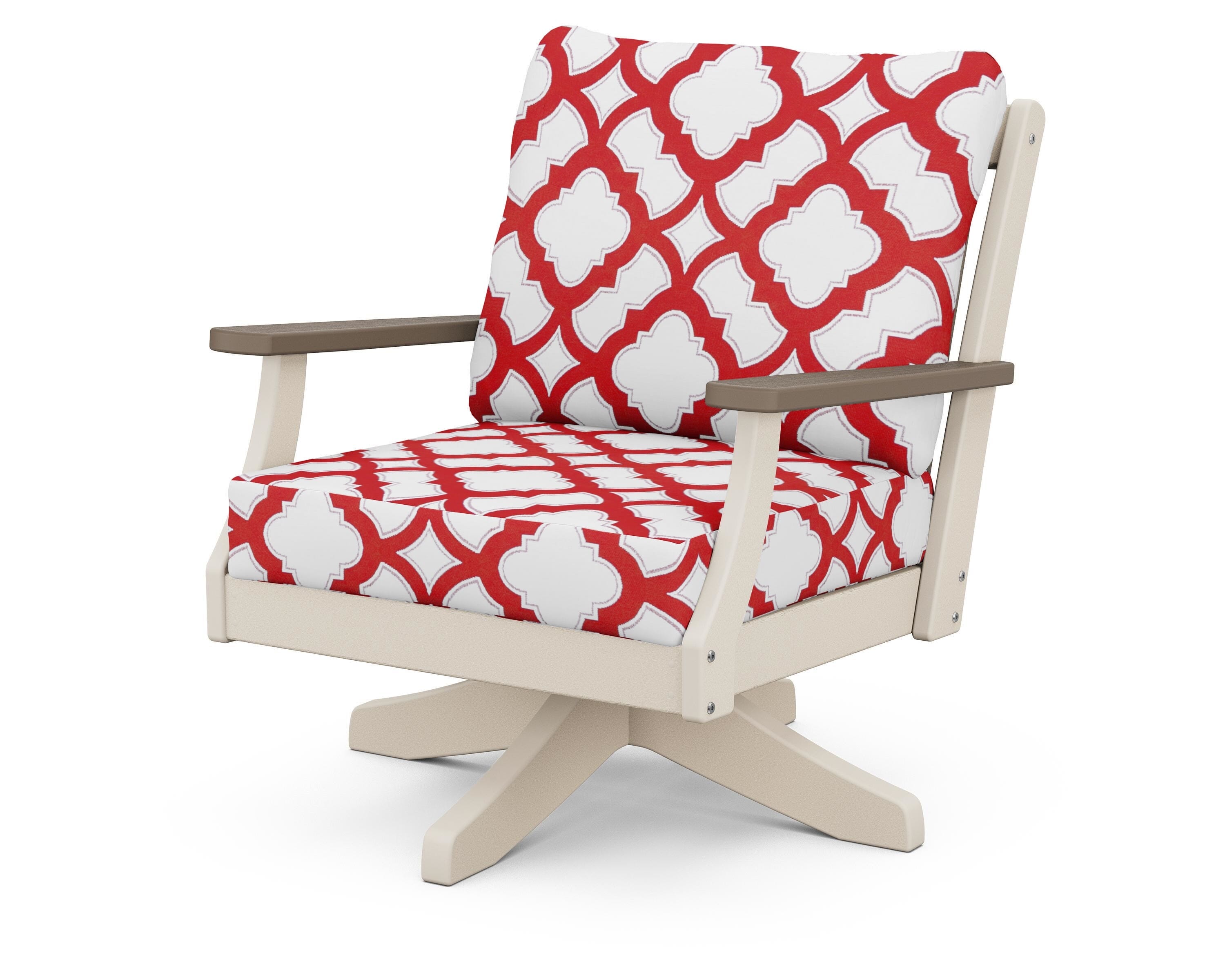 POLYWOOD® Braxton Deep Seating Swivel Chair in Sand / Kona / Trellis Crimson