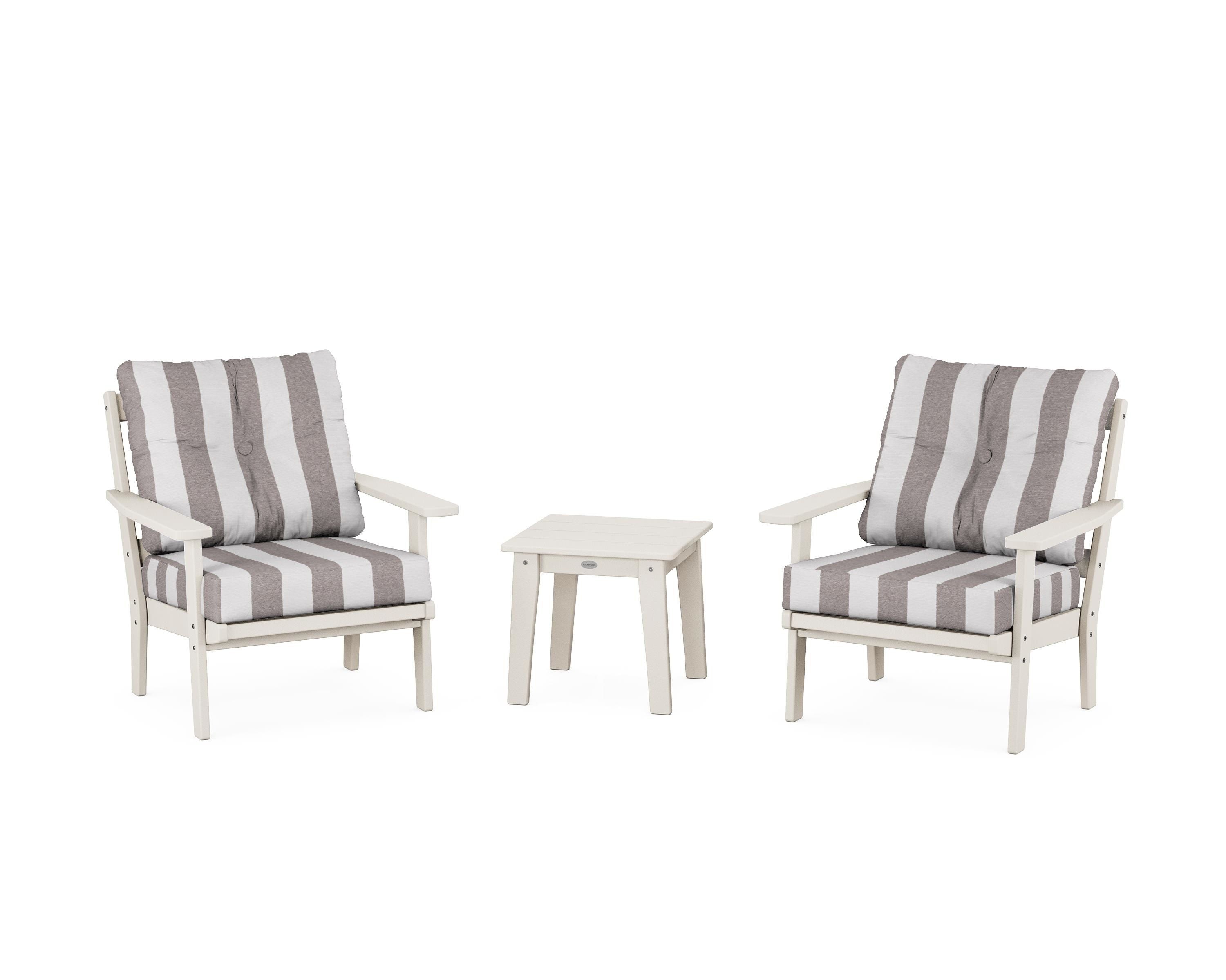 POLYWOOD® Oxford 3-Piece Deep Seating Set in Sand / Cabana Stripe Grey Mist
