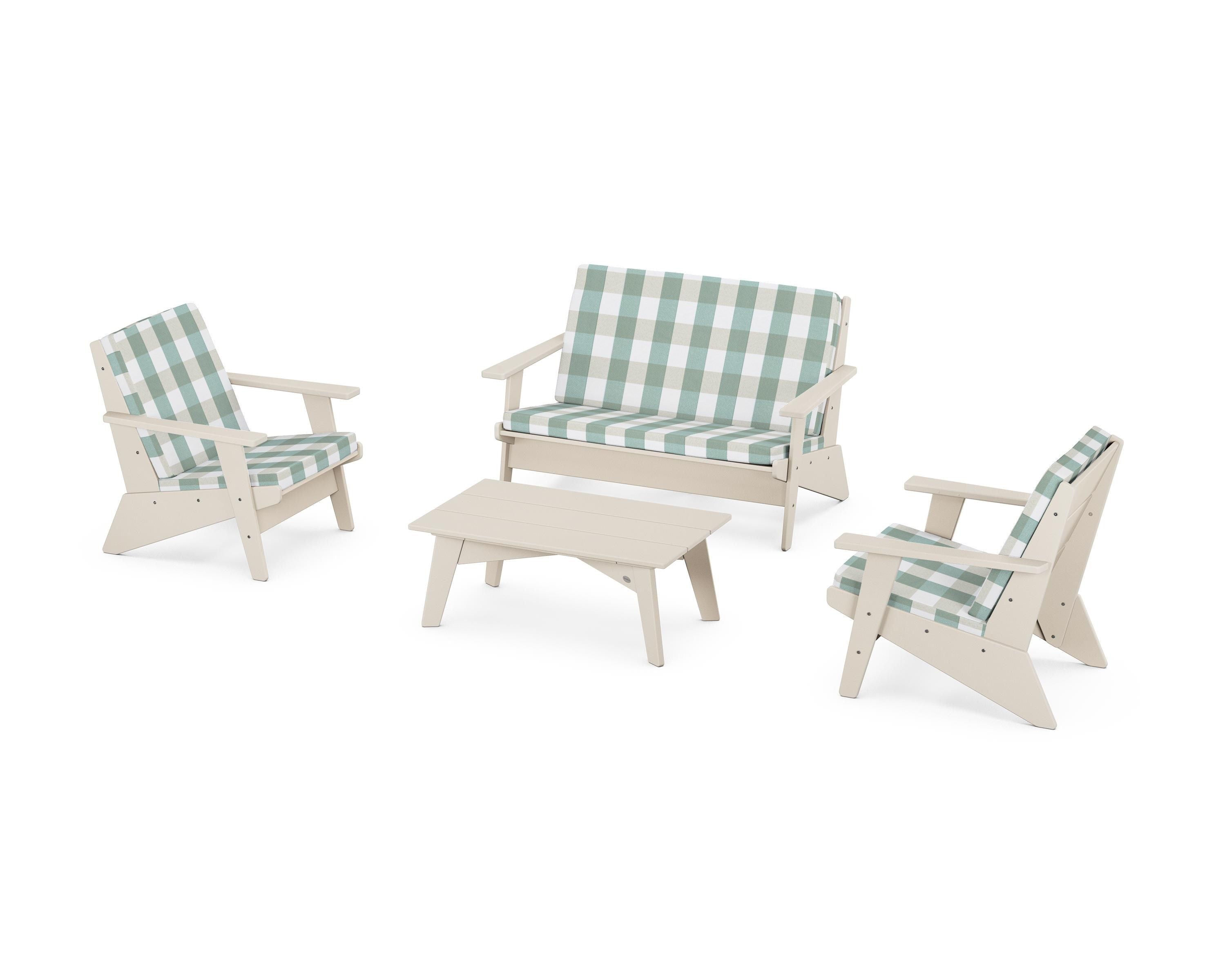 POLYWOOD® Riviera Modern Lounge 4-Piece Set in Sand / Buffalo Plaid Glacier Spa