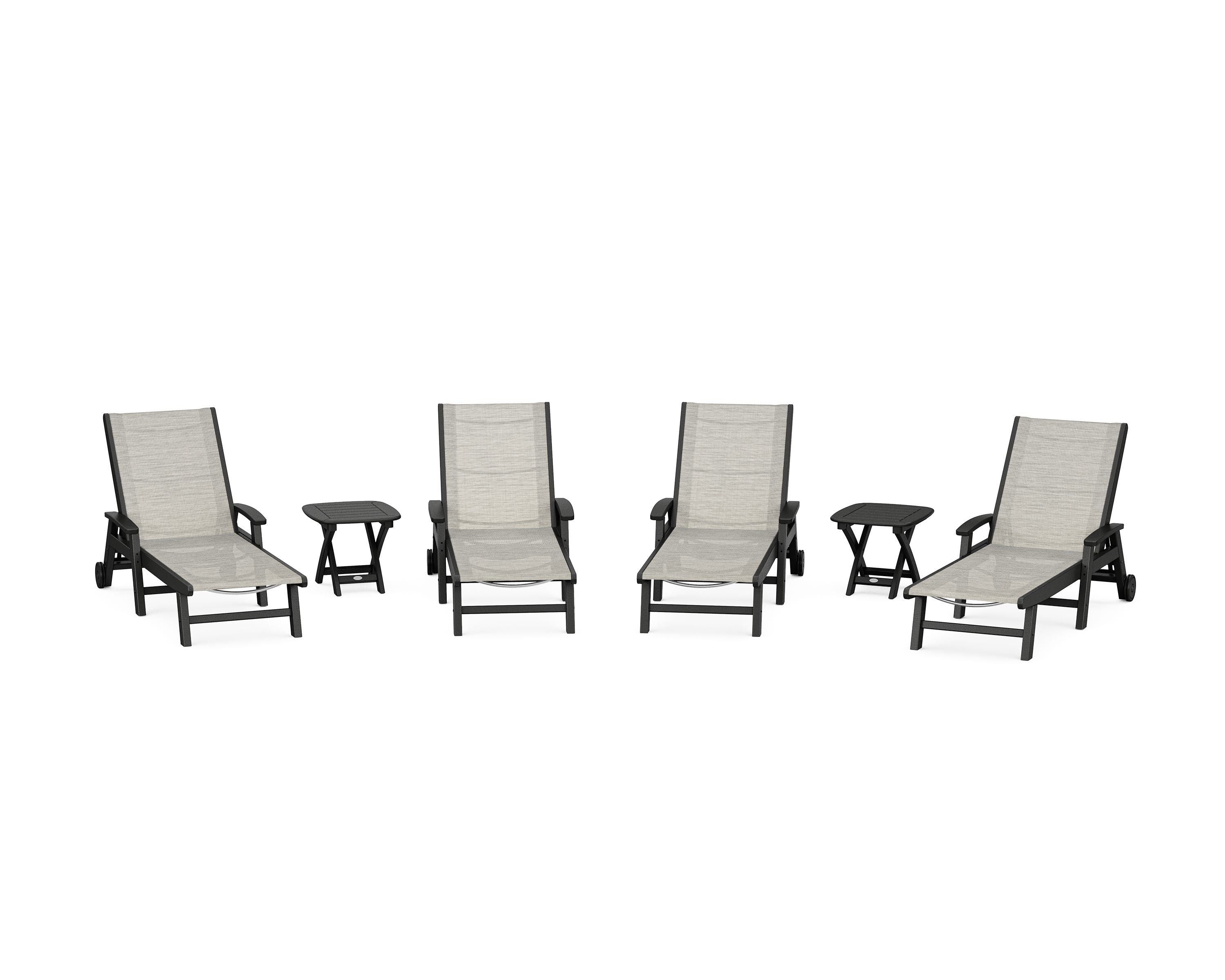 POLYWOOD® Coastal Chaise 6-Piece Set with Wheels in Black / Birch Sling