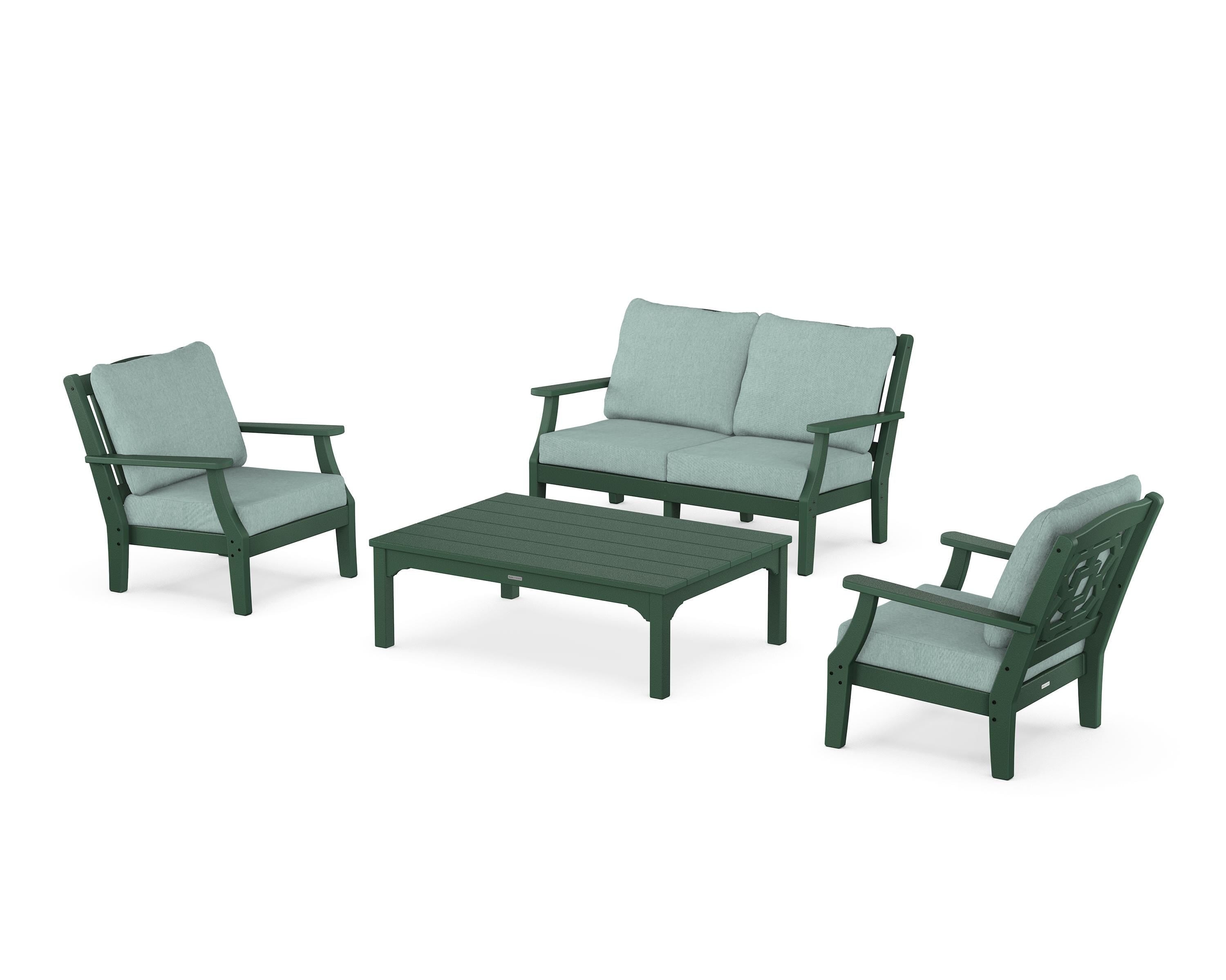 Martha Stewart by POLYWOOD® Chinoiserie 4-Piece Deep Seating Set with Loveseat in Green / Glacier Spa