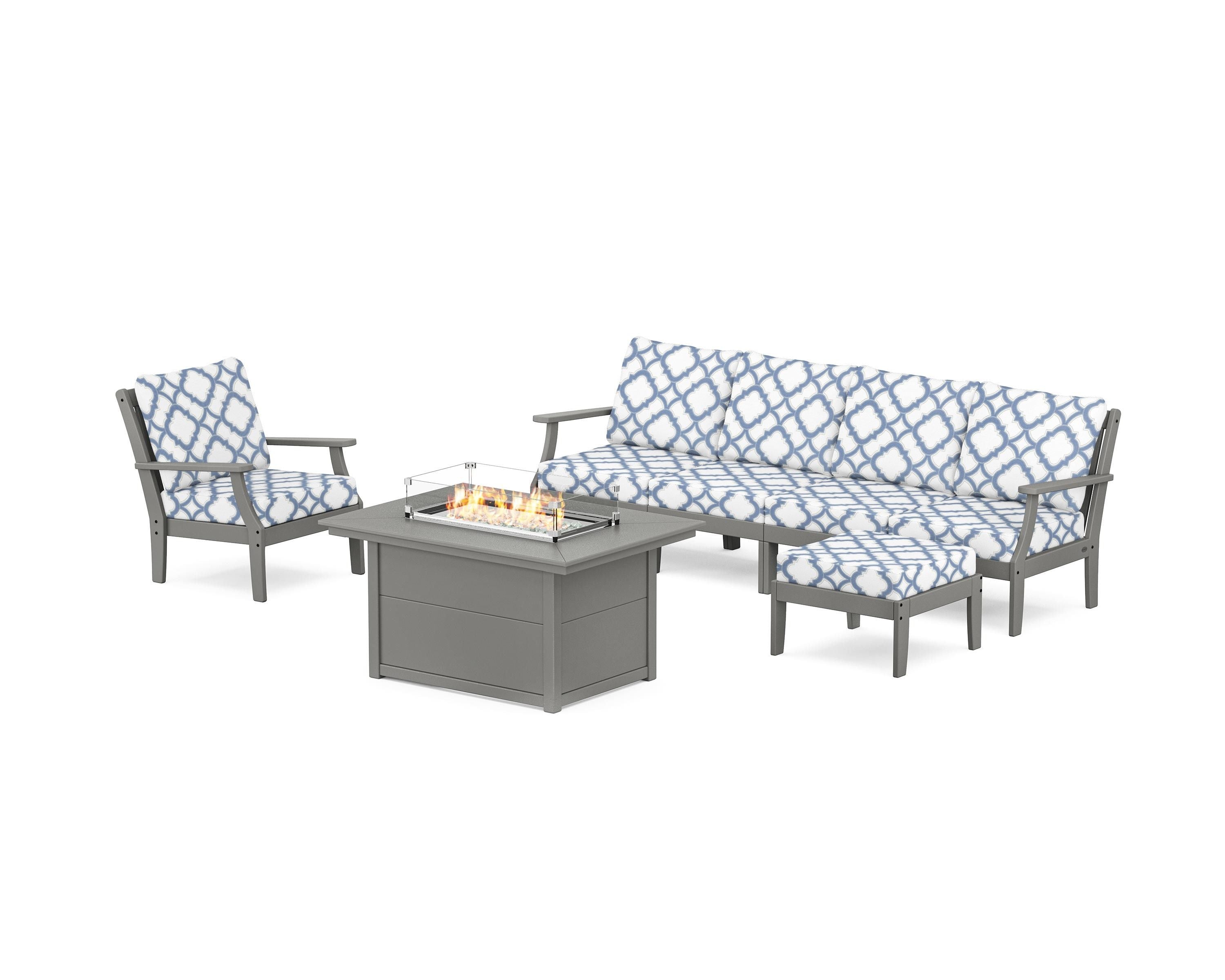 POLYWOOD® Braxton Sectional Lounge and Fire Pit Set in Slate Grey / Trellis Sky Blue