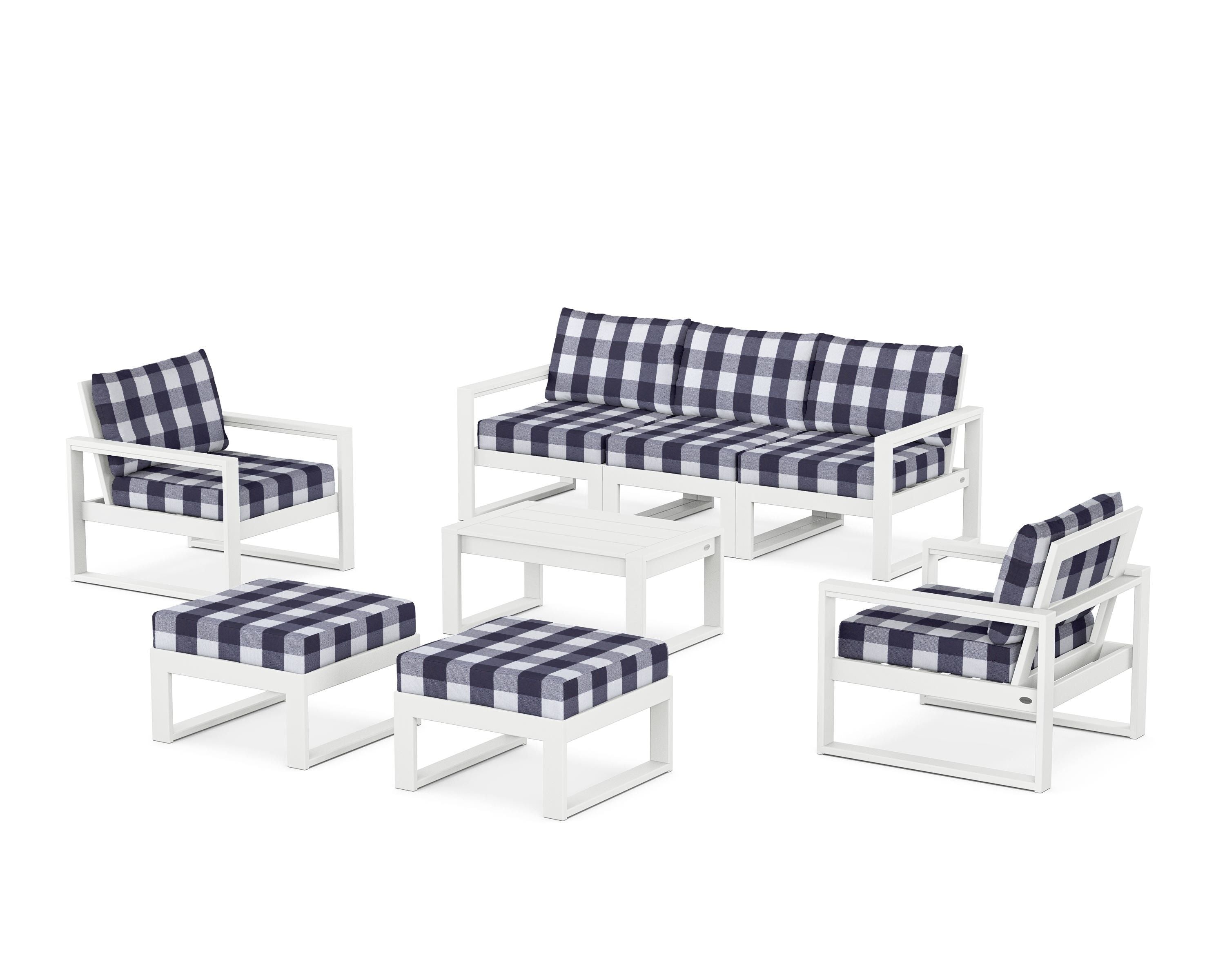 POLYWOOD® EDGE Sectional 8-Piece Lounge Sofa Set in White / Buffalo Plaid Navy