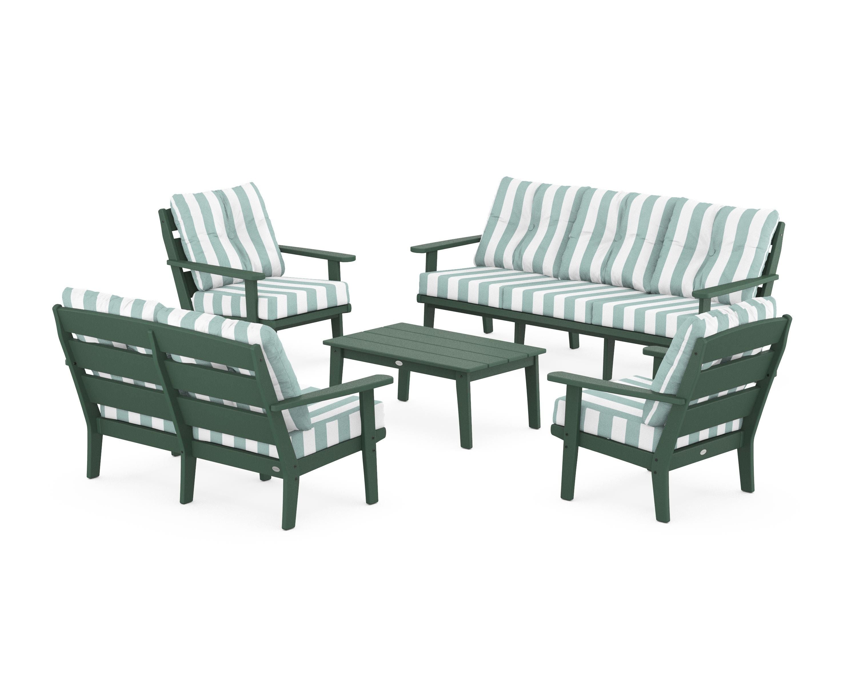 POLYWOOD® Lakeside 5-Piece Lounge Sofa Set in Green / Cabana Stripe Glacier Spa