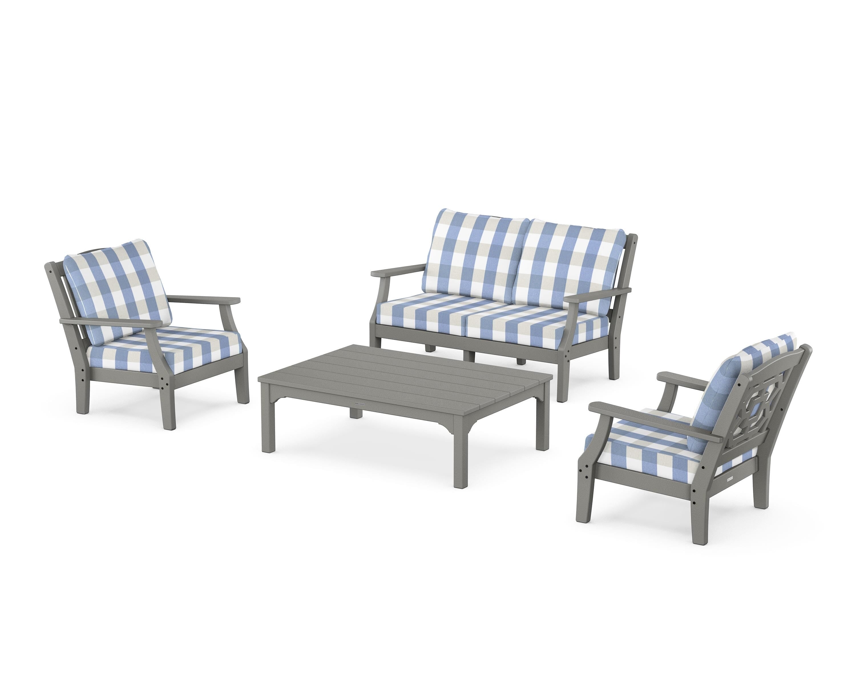 Martha Stewart by POLYWOOD® Chinoiserie 4-Piece Deep Seating Set with Loveseat in Slate Grey / Buffalo Plaid Sky Blue