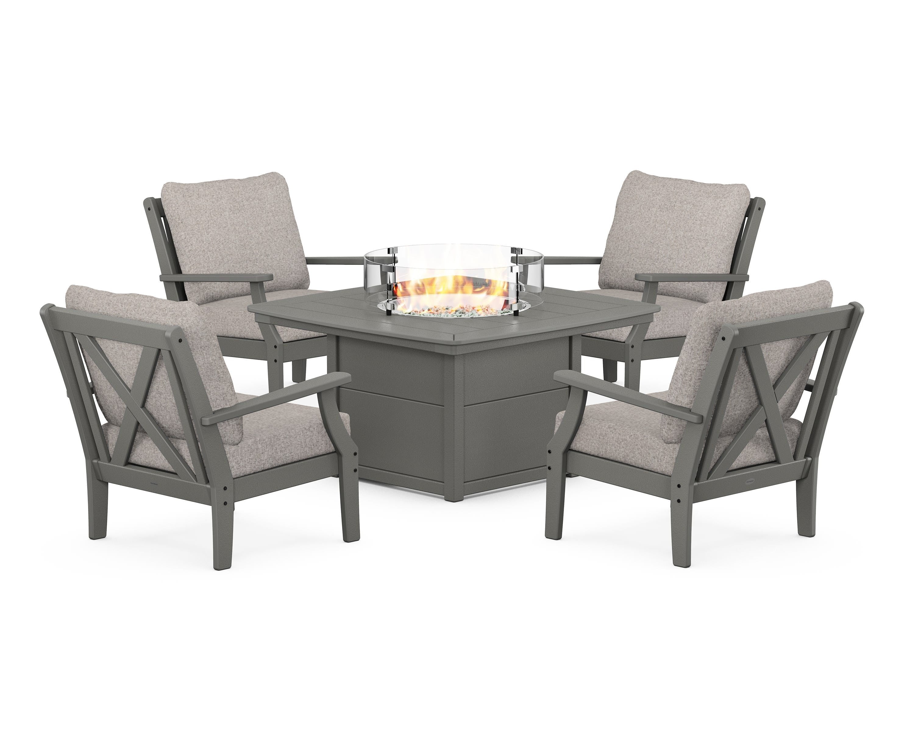 POLYWOOD® Braxton 5-Piece Deep Seating Conversation Set with Fire Pit Table in Slate Grey / Weathered Tweed
