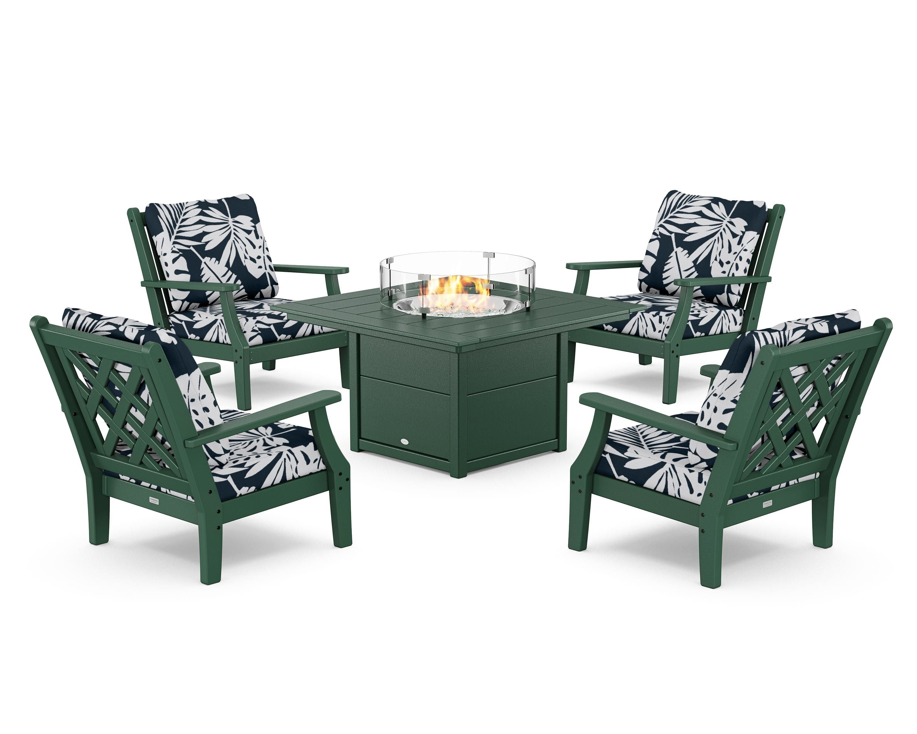 Country Living Wovendale 5-Piece Deep Seating Set with Fire Pit Table in Green / Leaf Marine Indigo