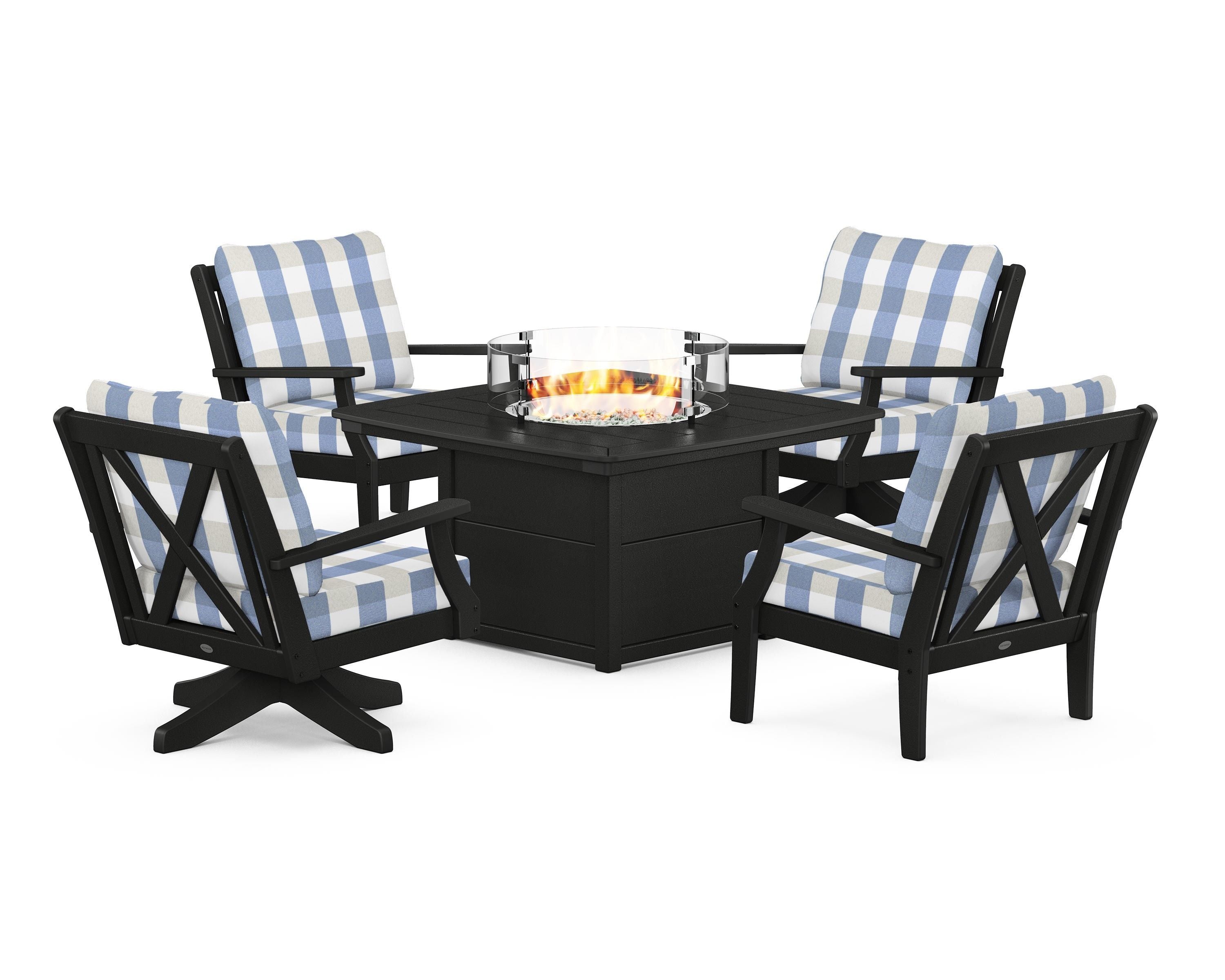 POLYWOOD® Braxton 5-Piece Deep Seating Set with Fire Table in Black / Buffalo Plaid Sky Blue