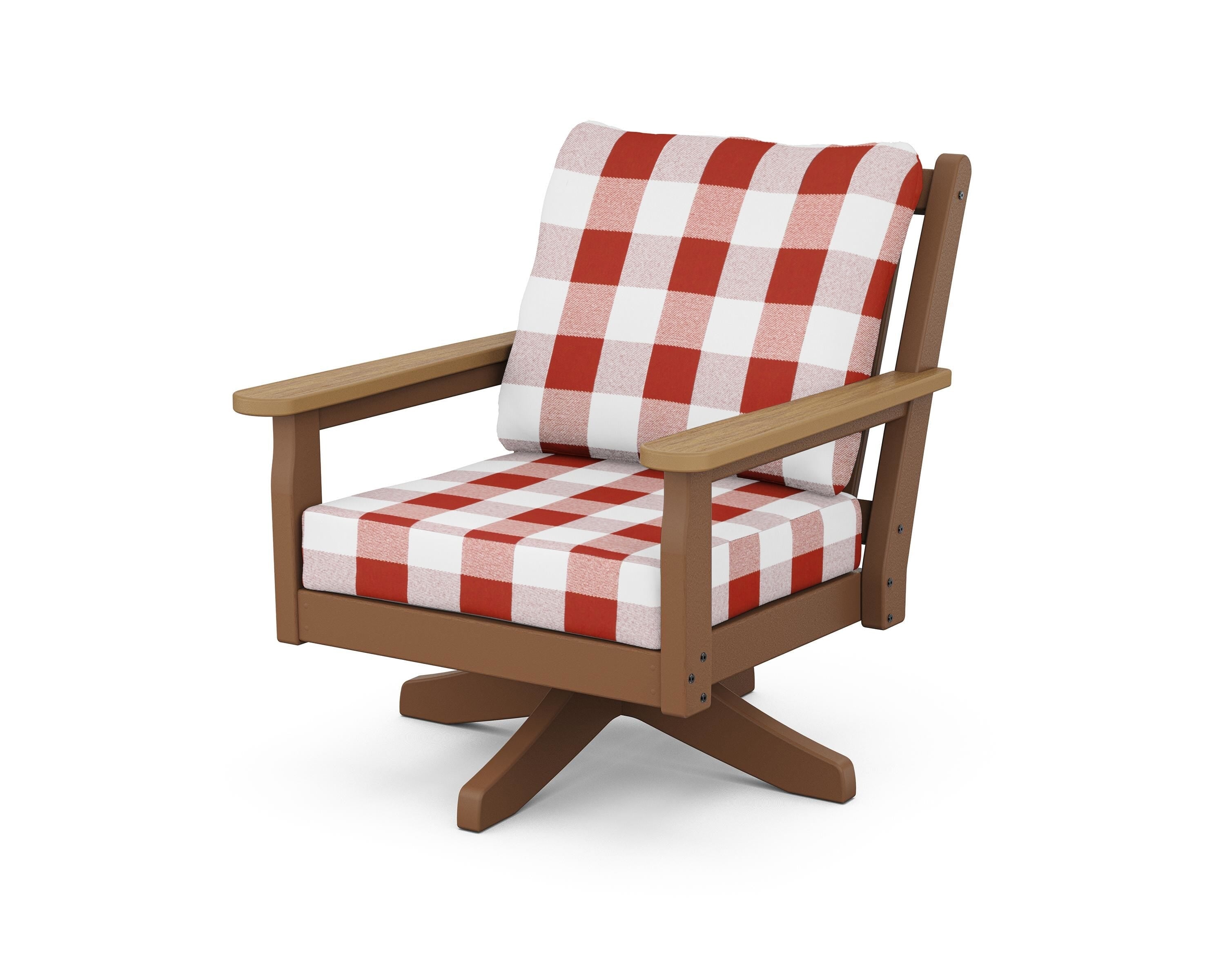 POLYWOOD® Chippendale Deep Seating Swivel Chair in Teak / Natural / Buffalo Plaid Crimson