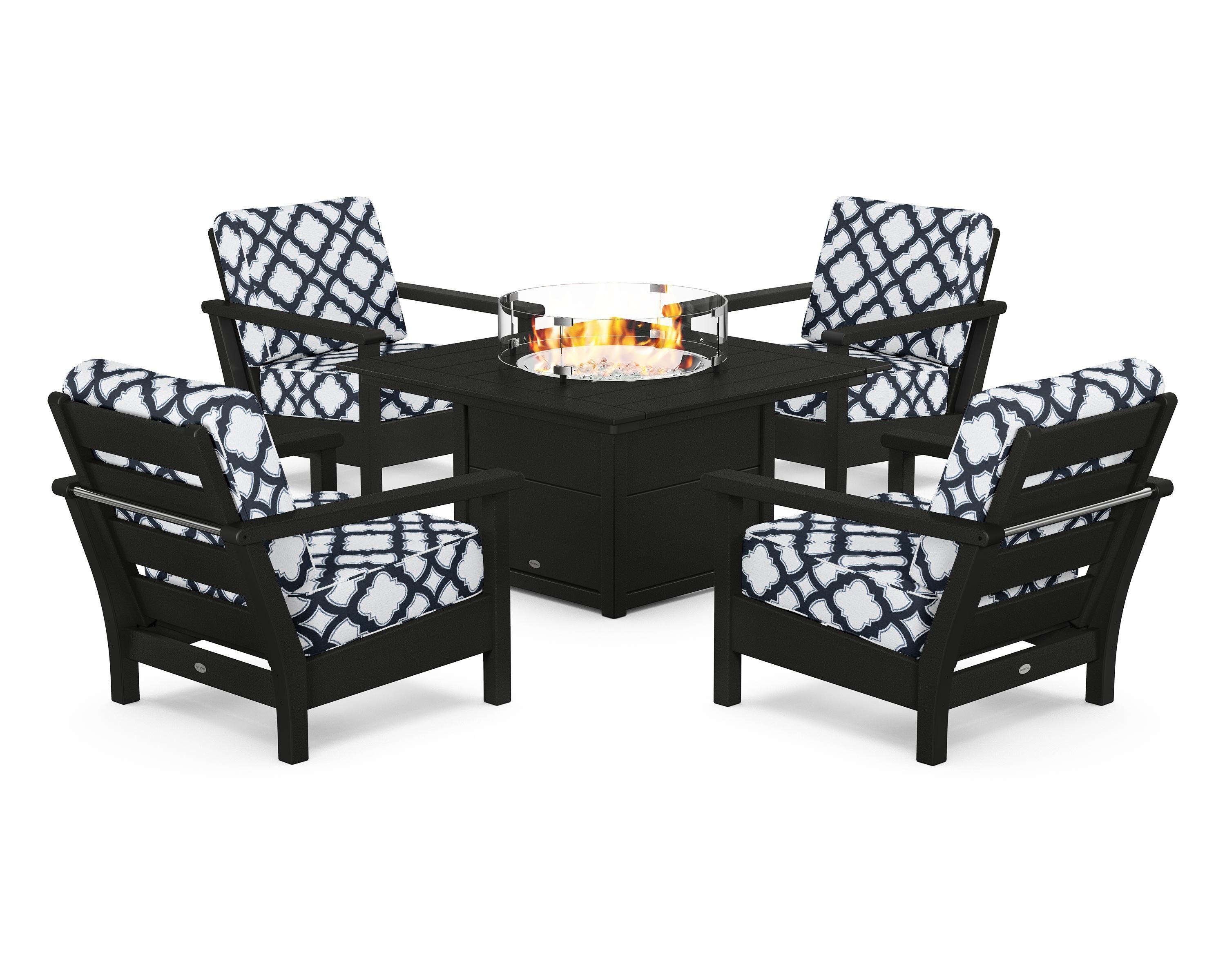 POLYWOOD® Harbour 5-Piece Conversation Set with Fire Pit Table in Black / Trellis Marine Indigo