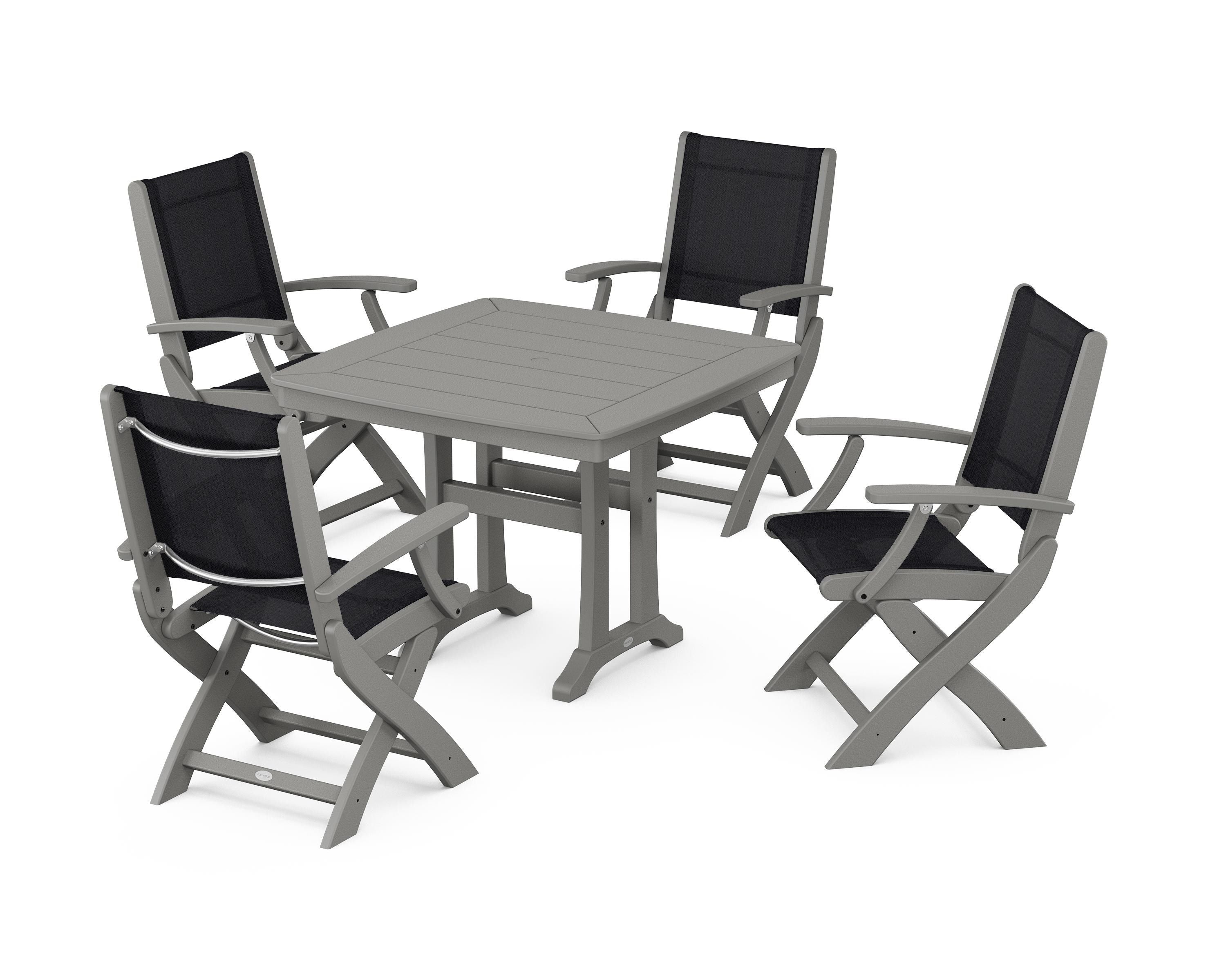 POLYWOOD® Coastal Folding Chair 5-Piece Dining Set with Trestle Legs in Slate Grey / Black Sling