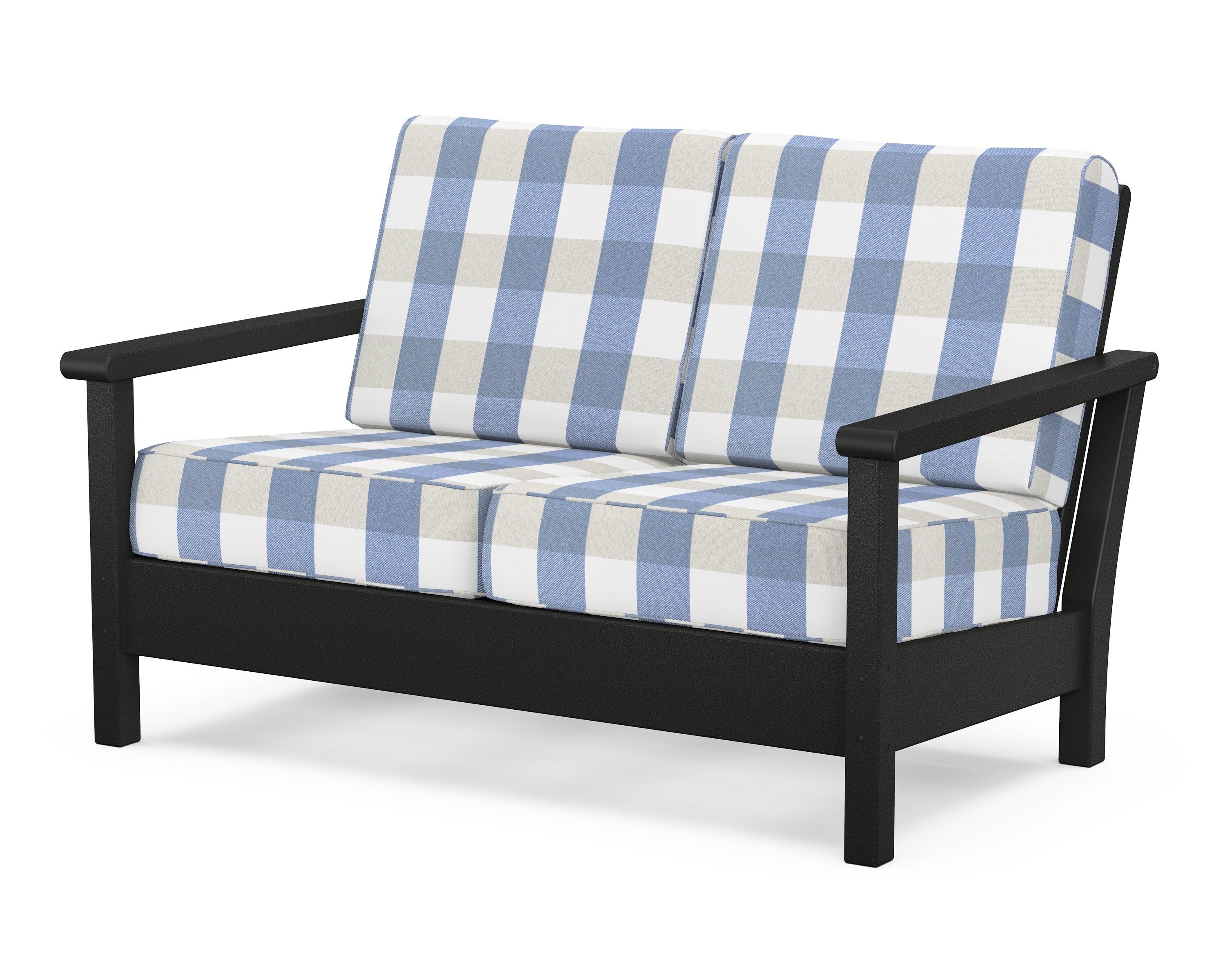 POLYWOOD® Harbour Deep Seating Loveseat in Black / Buffalo Plaid Sky Blue