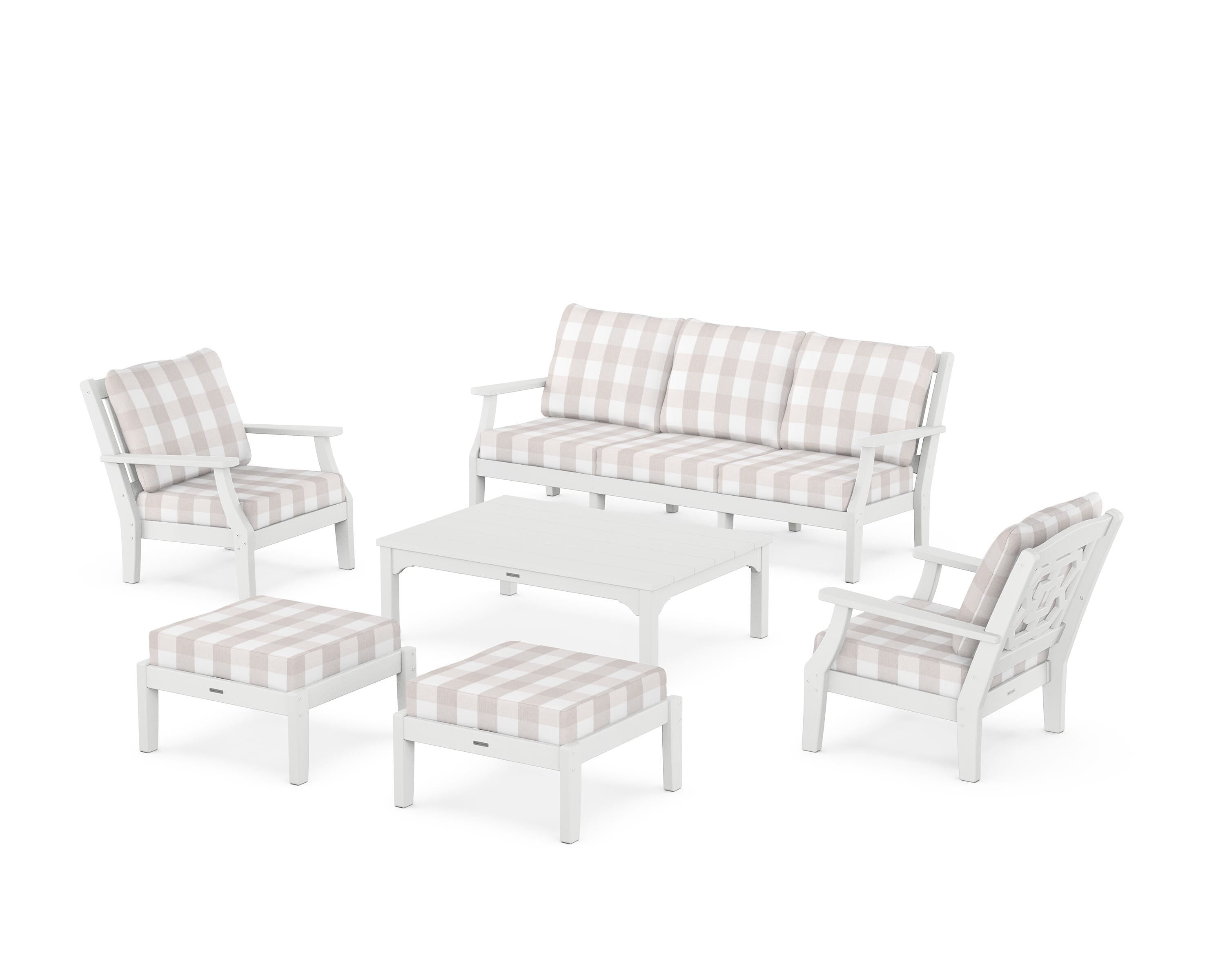 Martha Stewart by POLYWOOD® Chinoiserie 6-Piece Lounge Sofa Set in White / Buffalo Plaid Dune Burlap