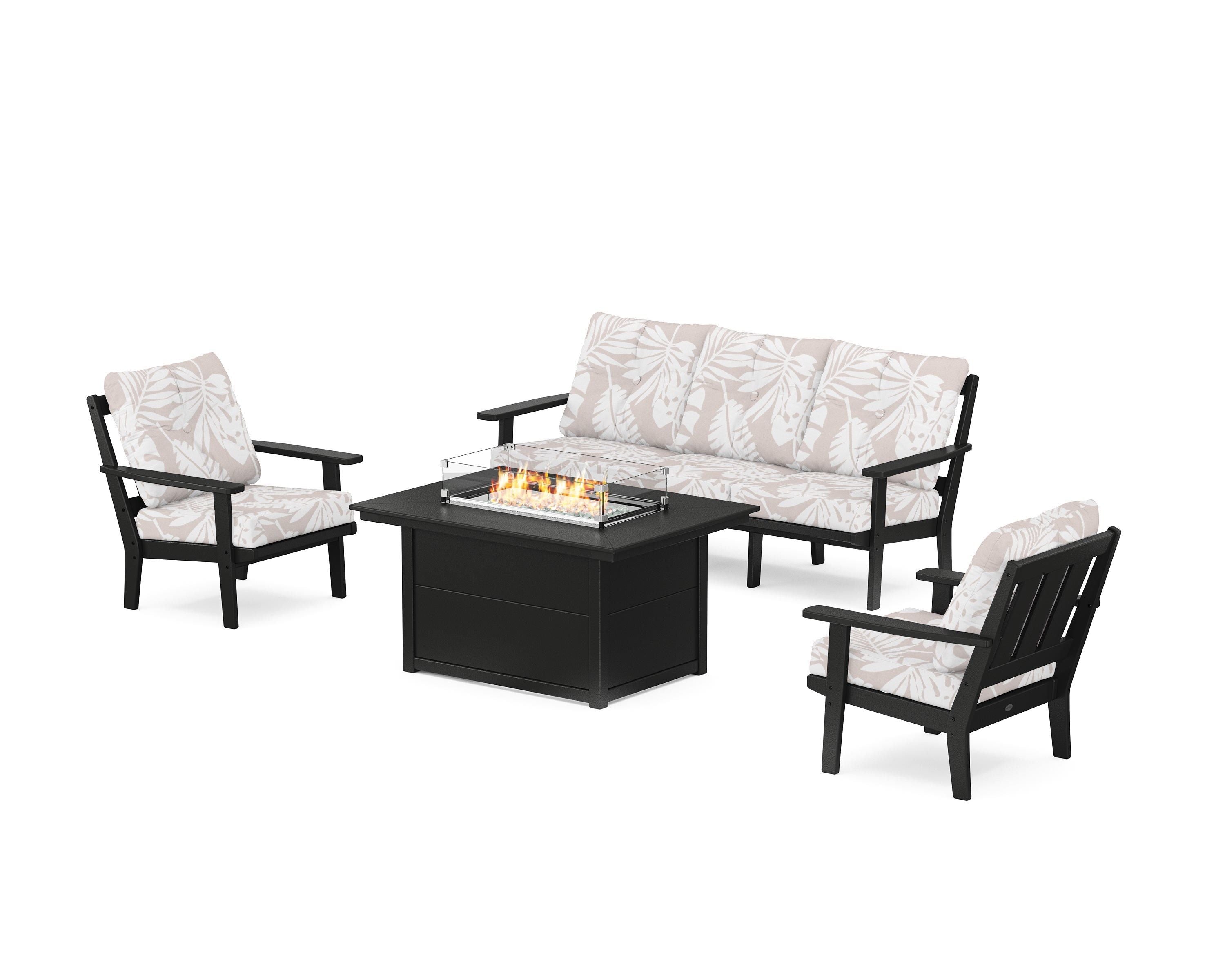 POLYWOOD® Oxford Deep Seating Fire Pit Table Set in Black / Leaf Dune Burlap