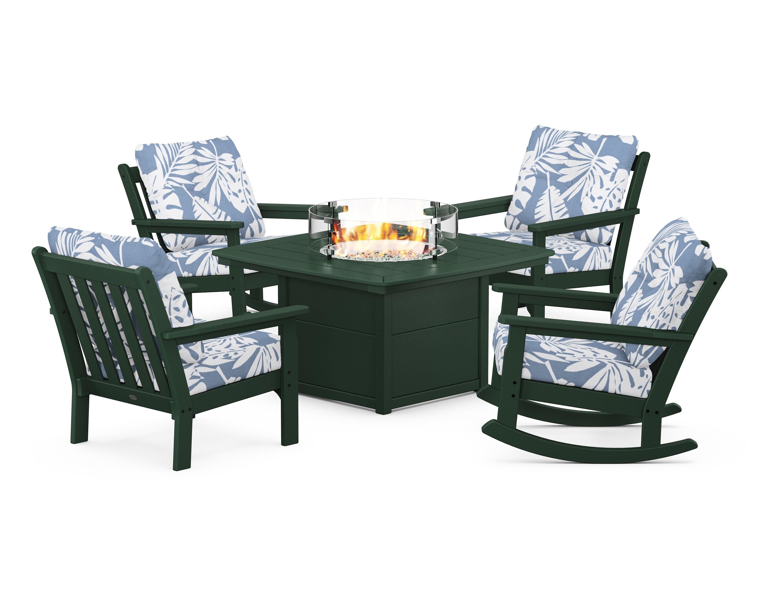 POLYWOOD® Vineyard 5-Piece Deep Seating Rocking Chair Conversation Set with Fire Pit Table in Green / Leaf Sky Blue
