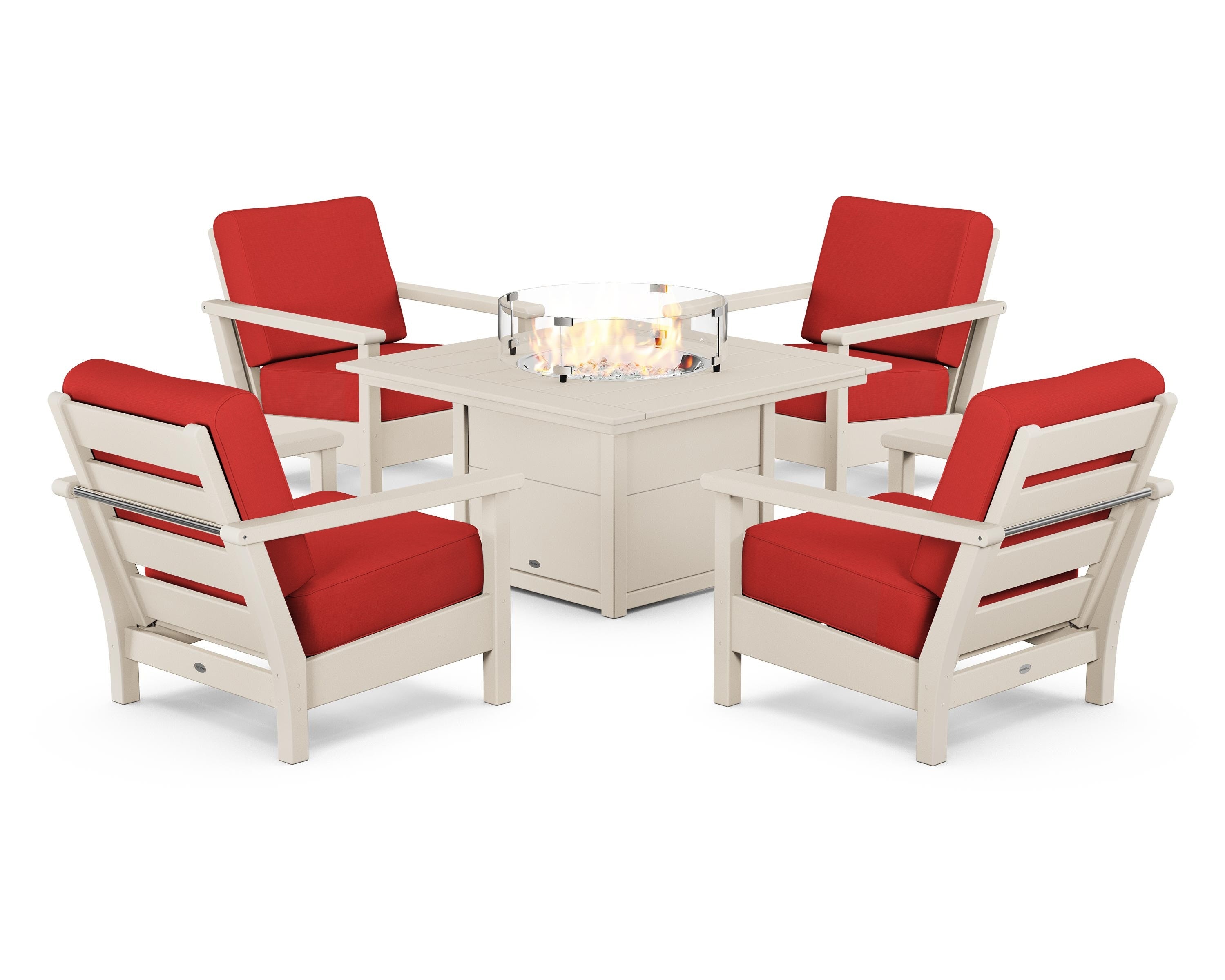 POLYWOOD® Harbour 5-Piece Conversation Set with Fire Pit Table in Sand / Crimson Linen