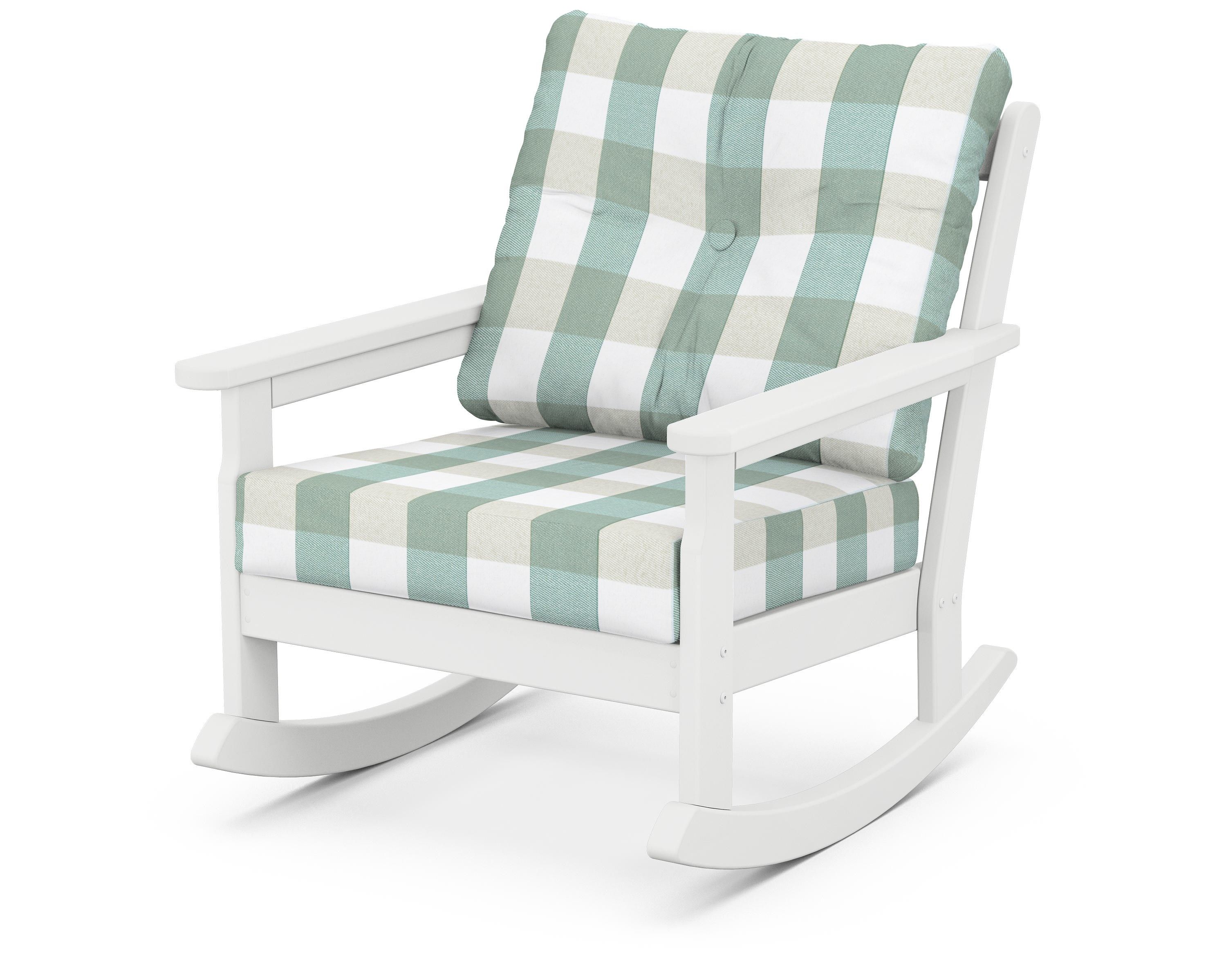 POLYWOOD® Vineyard Deep Seating Rocking Chair in White / Buffalo Plaid Glacier Spa