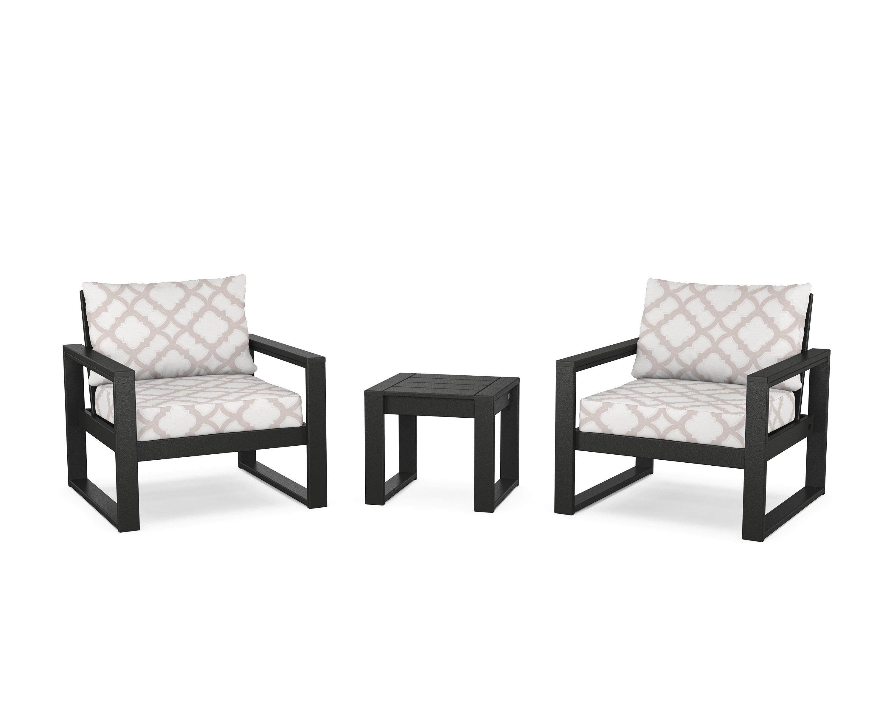 POLYWOOD® EDGE Sectional 3-Piece Deep Seating Set in Black / Trellis Dune Burlap