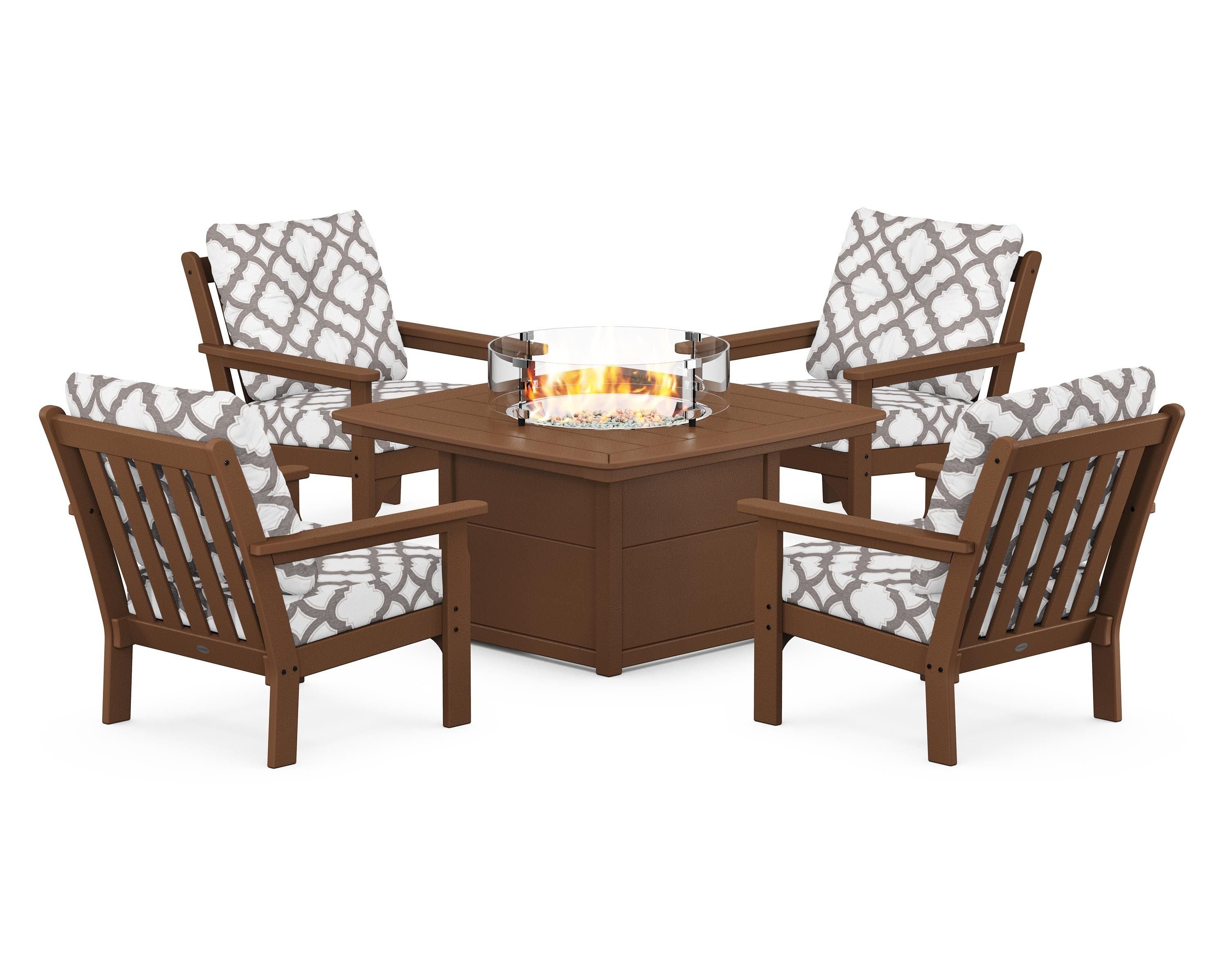POLYWOOD® Vineyard 5-Piece Conversation Set with Fire Pit Table in Teak / Trellis Grey Mist
