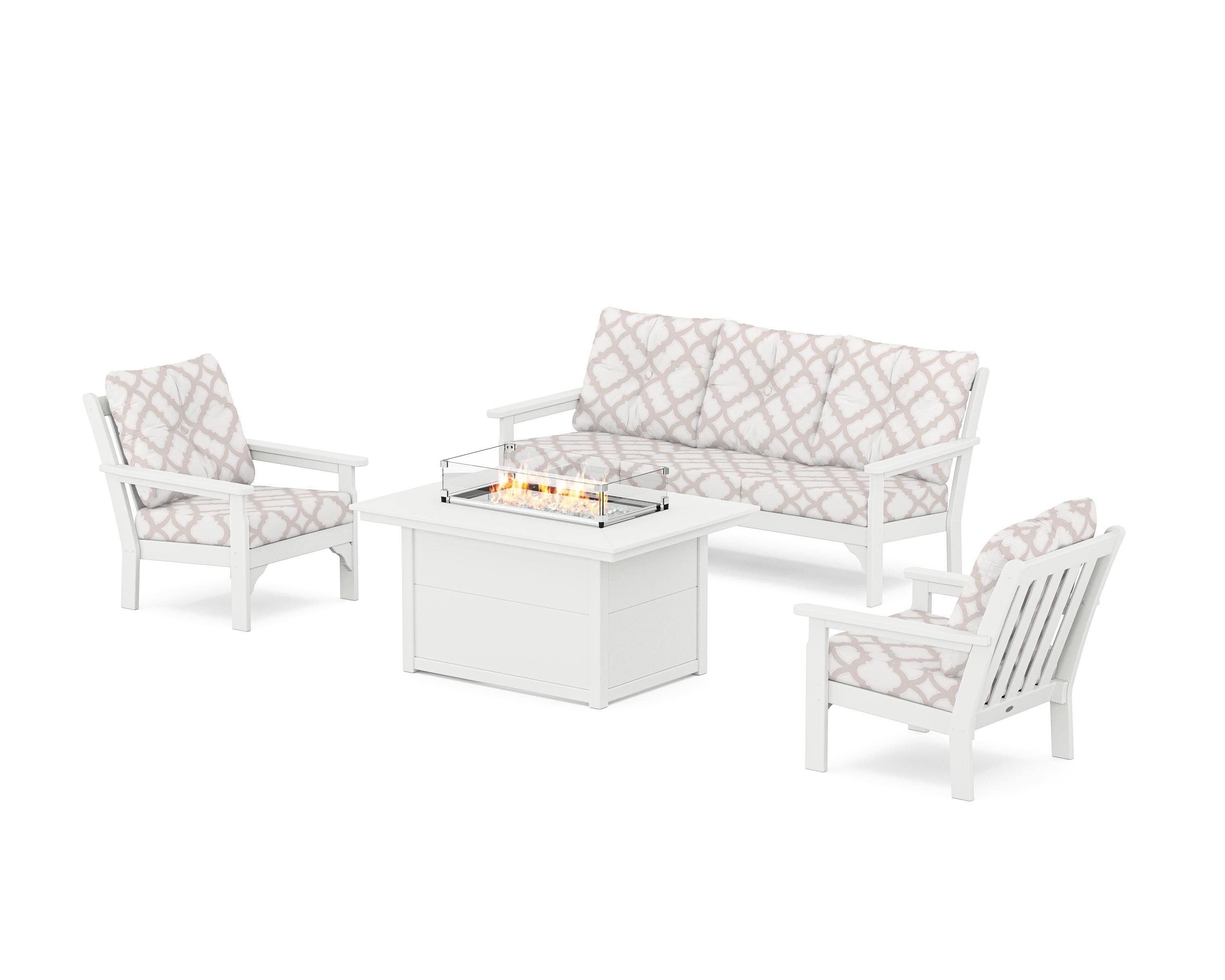 POLYWOOD® Vineyard Deep Seating Fire Pit Table Set in White / Trellis Dune Burlap