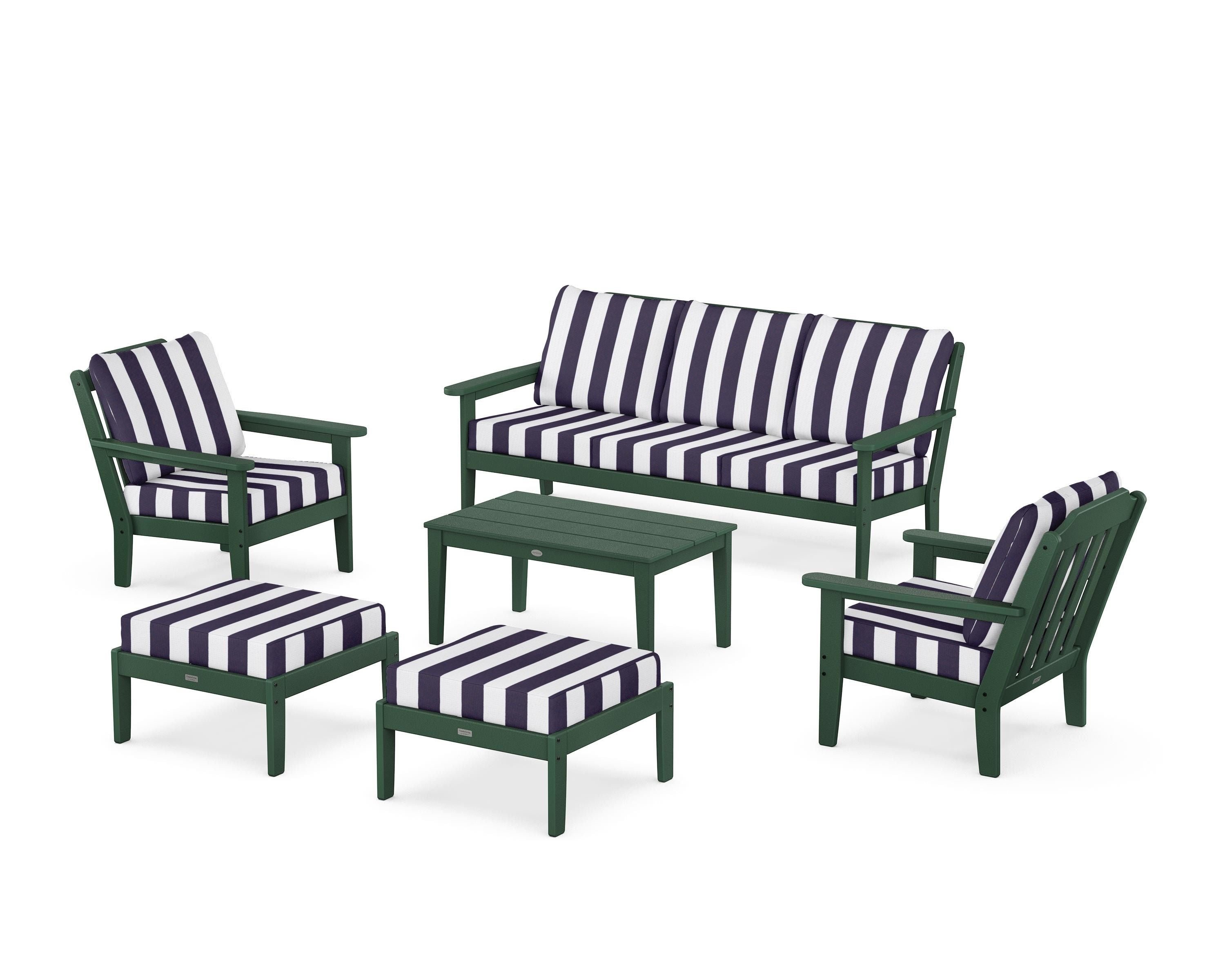 Country Living Cottage 6-Piece Lounge Sofa Set in Green / Cabana Stripe Navy