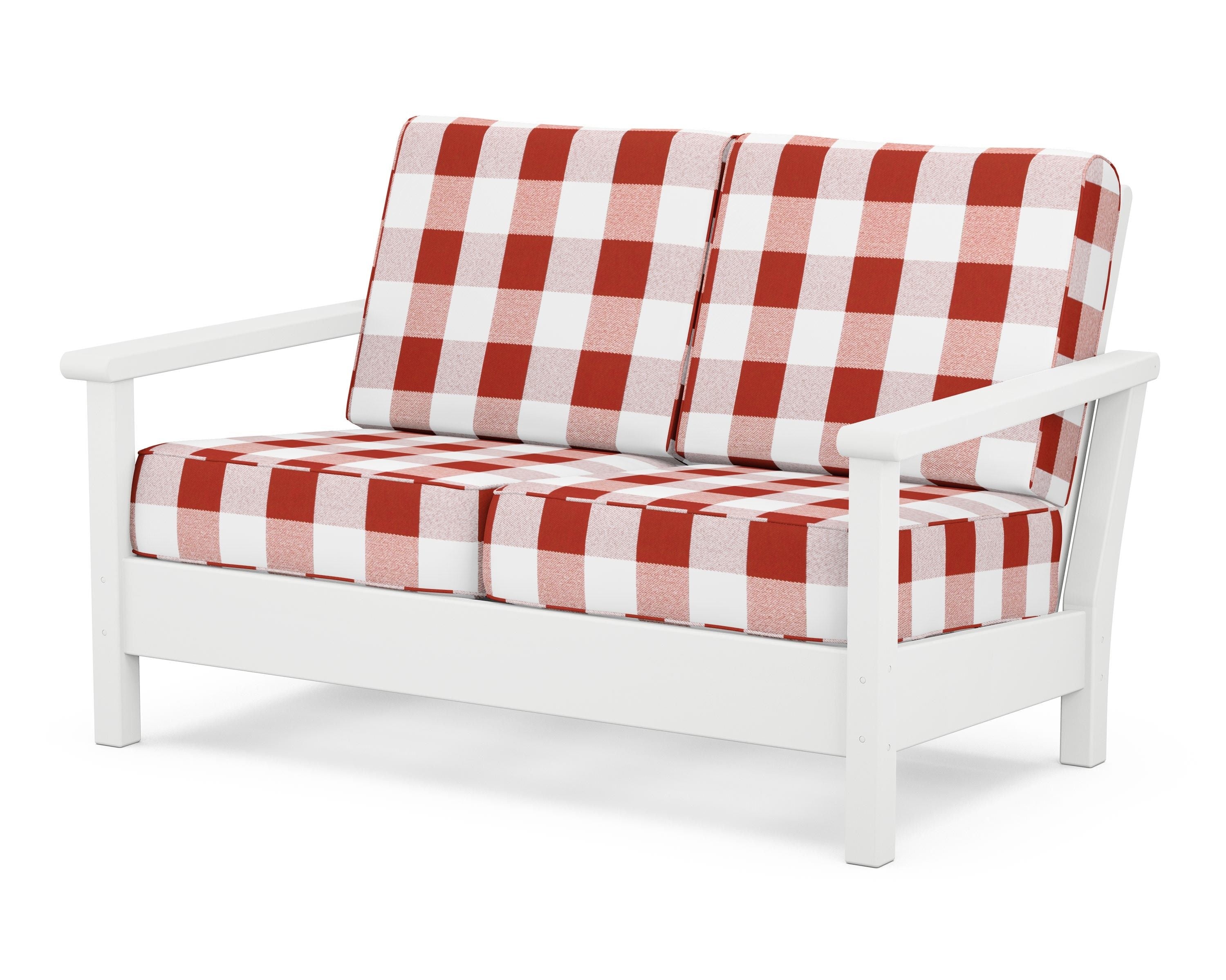 POLYWOOD® Harbour Deep Seating Loveseat in White / Buffalo Plaid Crimson