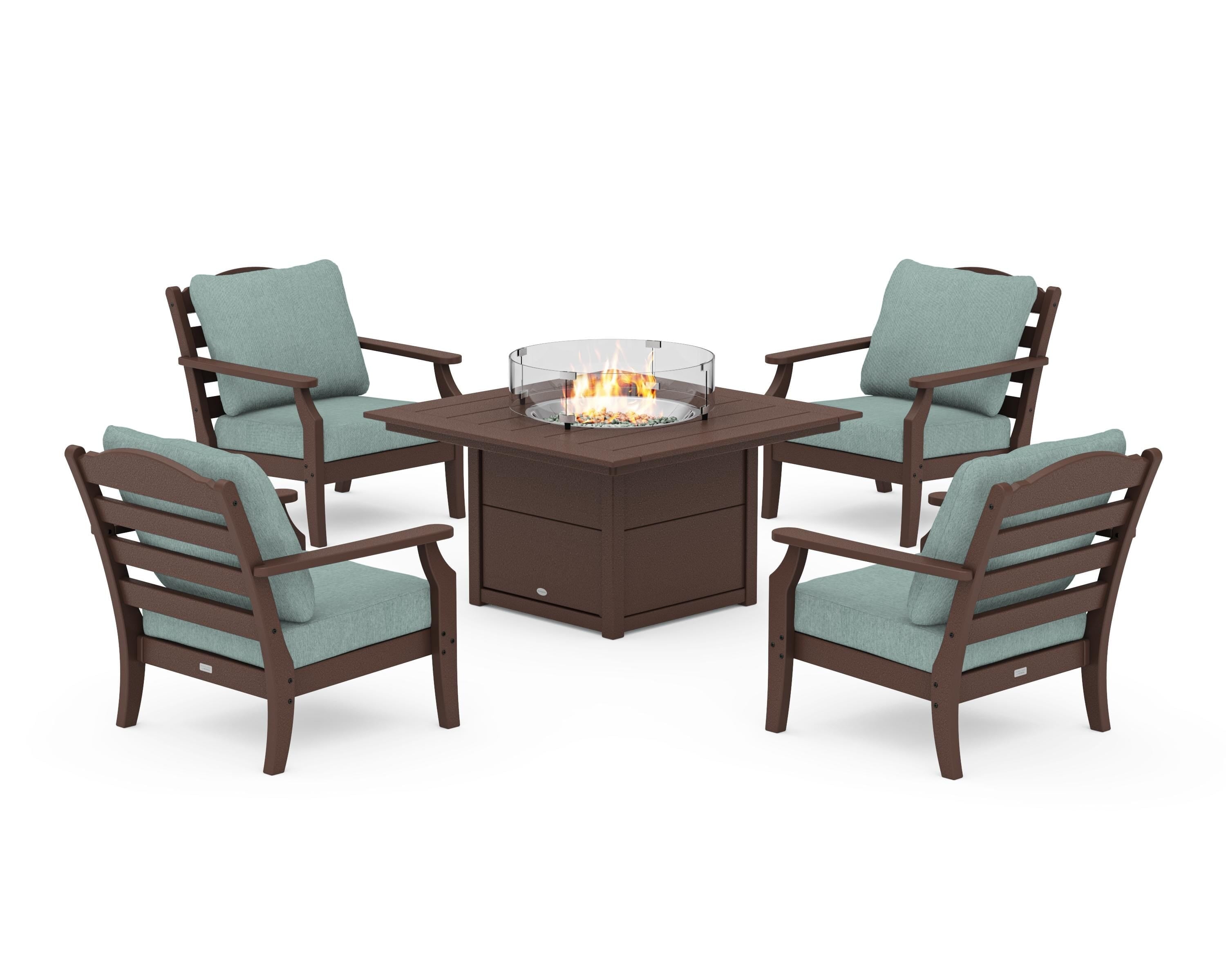 Draper James™ by POLYWOOD® Savannah 5-Piece Deep Seating Set with Fire Pit Table in Mahogany / Glacier Spa