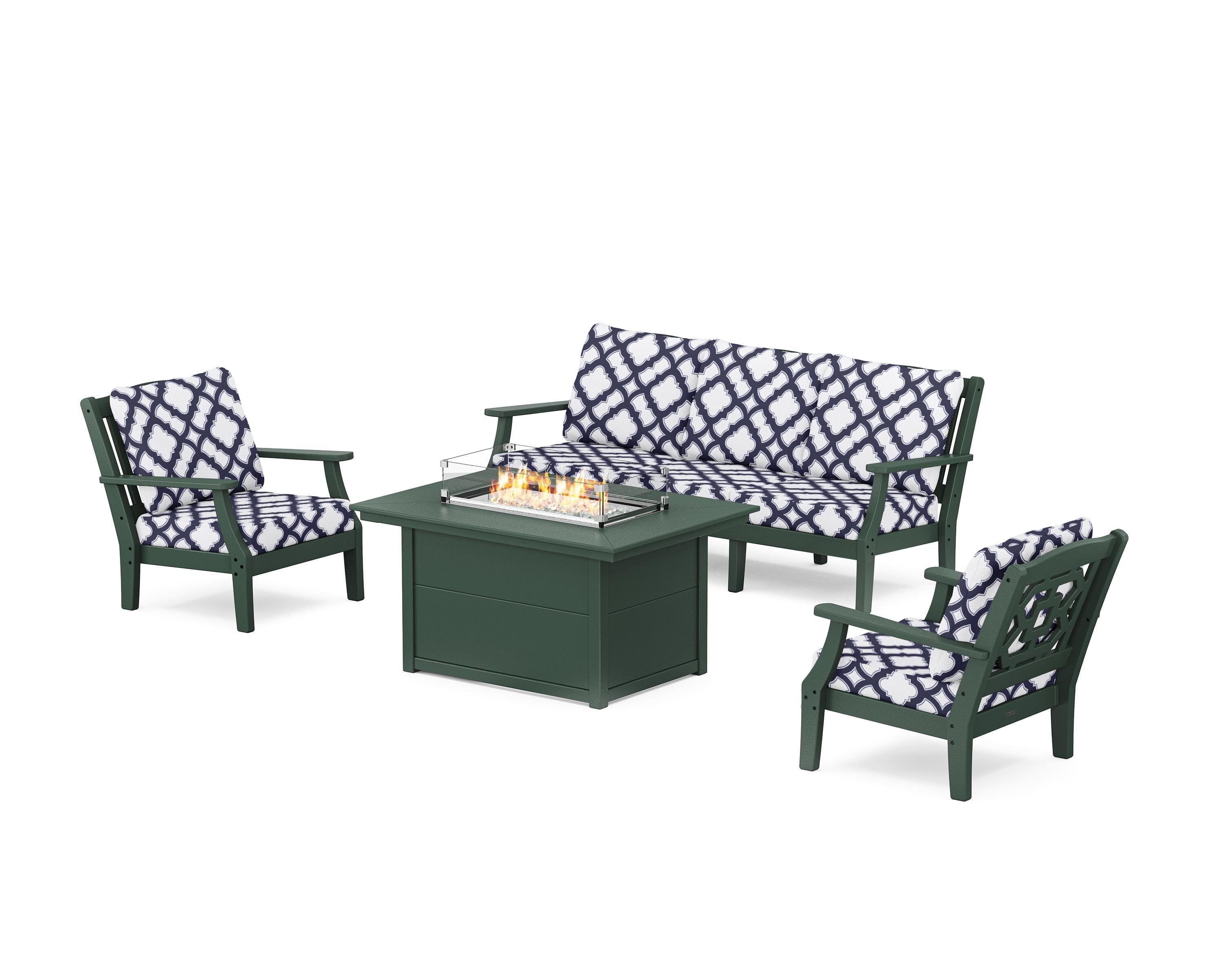 Martha Stewart by POLYWOOD® Chinoiserie Deep Seating Fire Pit Table Set in Green / Trellis Navy