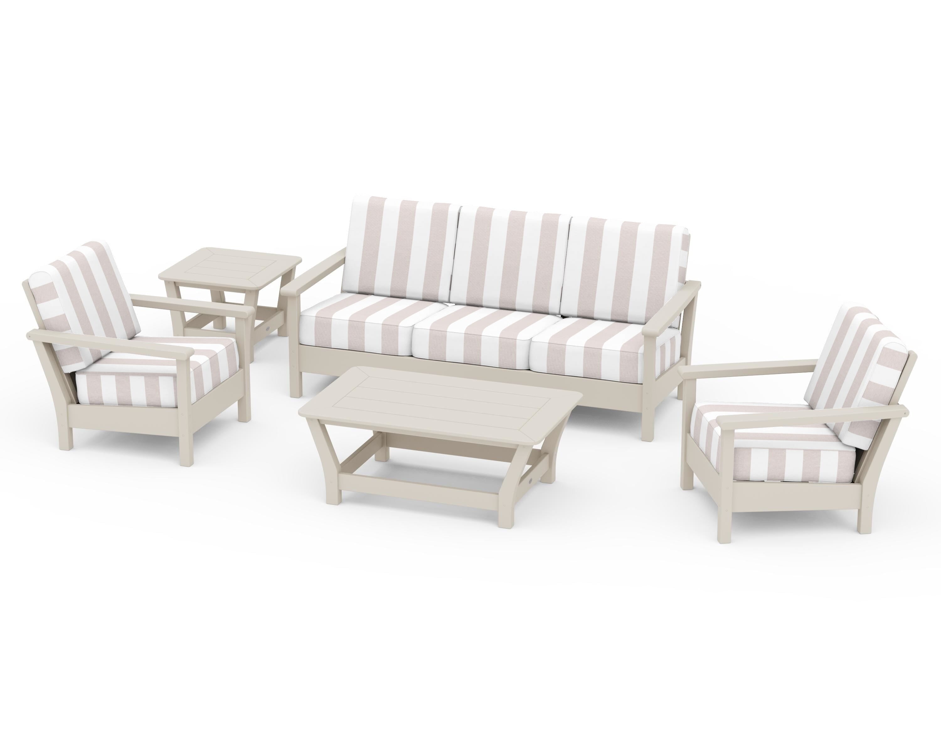 POLYWOOD® Harbour 5-Piece Deep Seating Set in Sand / Cabana Stripe Dune Burlap